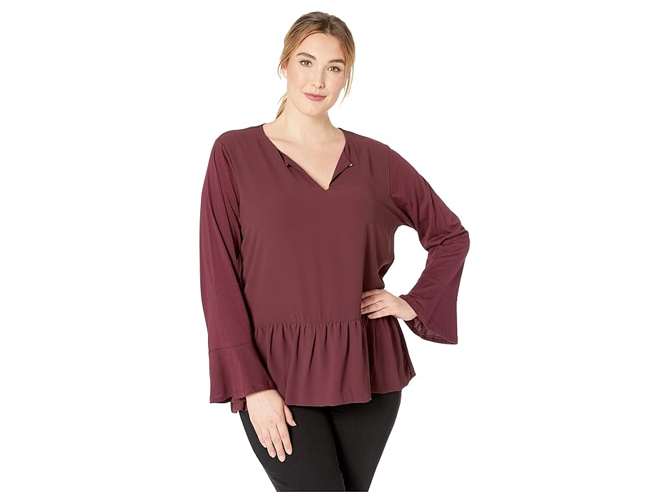 

MICHAEL Michael Kors Plus Size Combo Fabric Ruffle Top (Cordovan) Women's Clothing