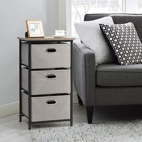 Miniatura 6 de Giantex - Cajonera vertical con 3 cajones de tela, cubos de tela de fácil extracción, marco de acero y parte superior de madera, organizador de