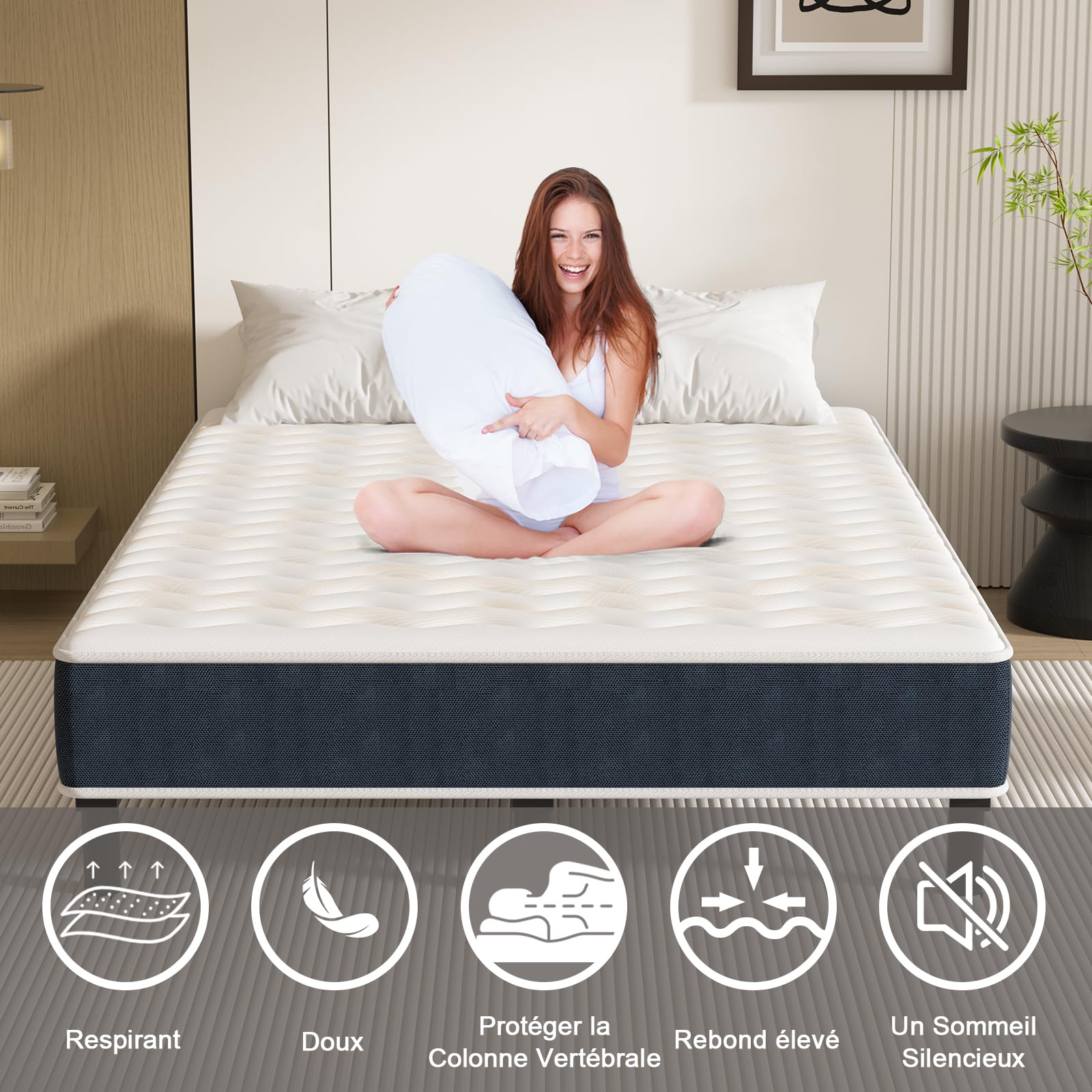 DEWINNER Ensemble Matelas + sommier (140 x 200cm), Matelas en Mousse A Mémoire et Robuste Cadre de lit en Fer avec 9 Pieds, Lit Complet, épaisseur 15cm, Ergonomique,Hypoallergénique
