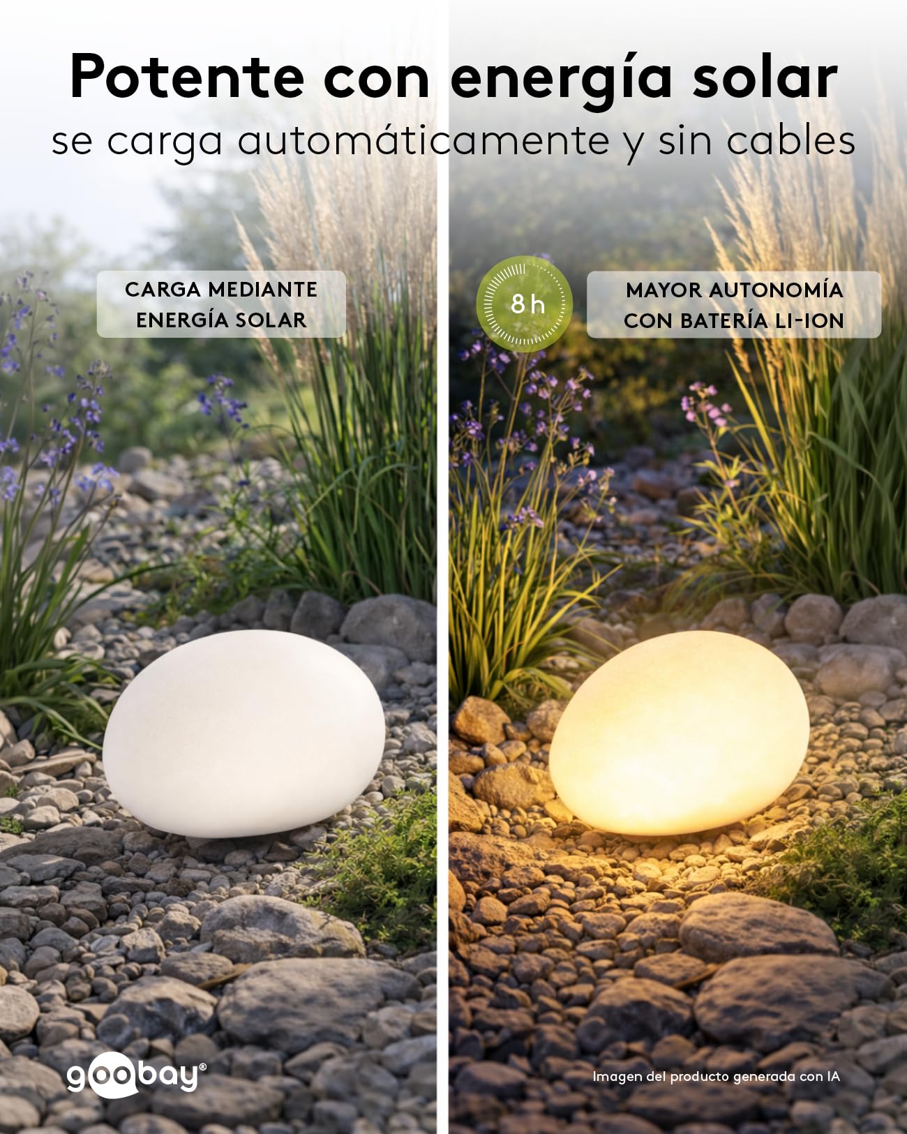 goobay Set de 2 Lámparas solar LED Piedra RGB 24cm para jardín y exterior, esferas IP44 impermeables, luz ambiental con 10 modos, resistente a la intemperie, ideales para terraza y balcón, con estaca