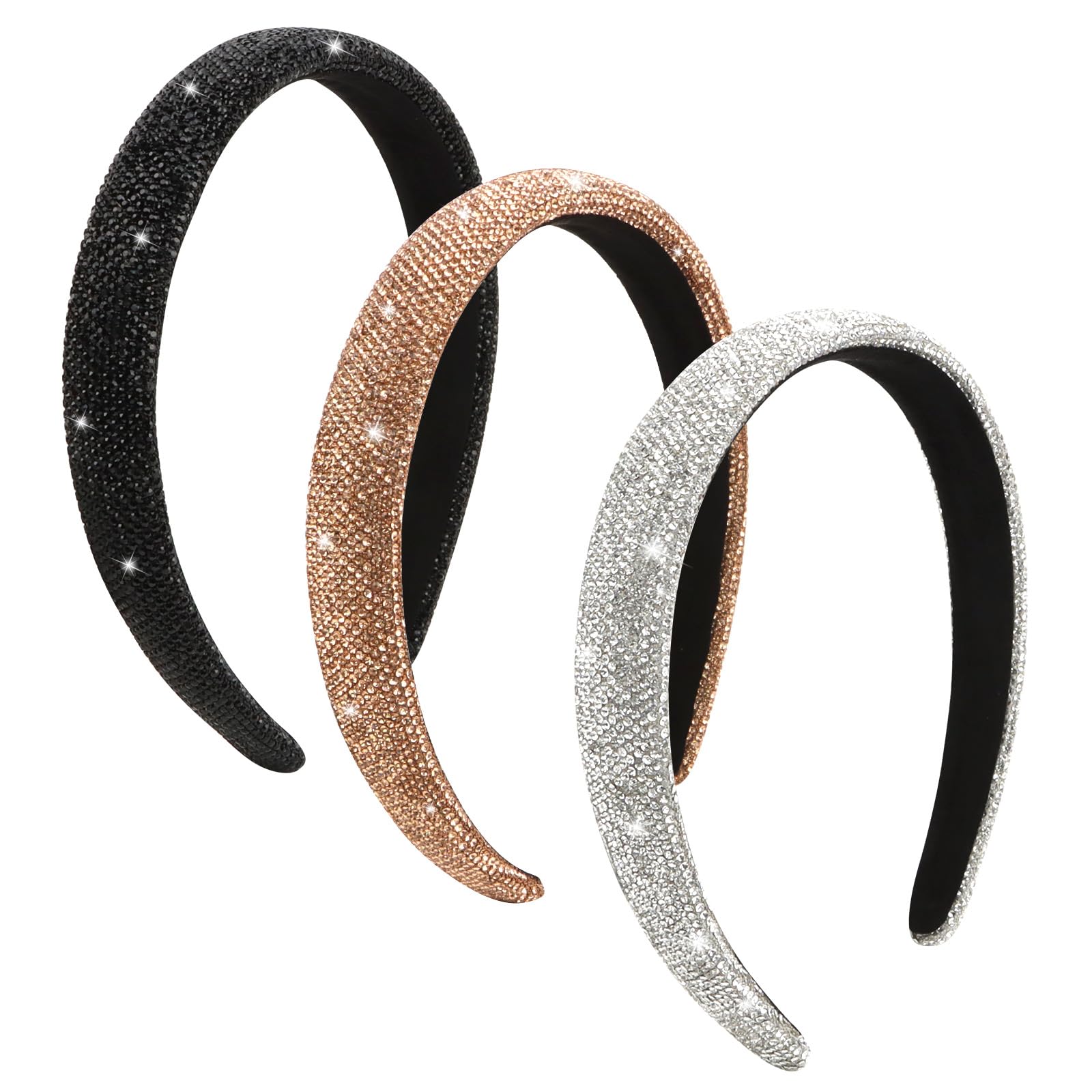 Wecoe 3pcs Rhinestone Headbands Women Girls Sparkly Bling Diamond Silver Black Coffee Headband Fashion Comfortable Head Band Non Slip Birthday Wedding