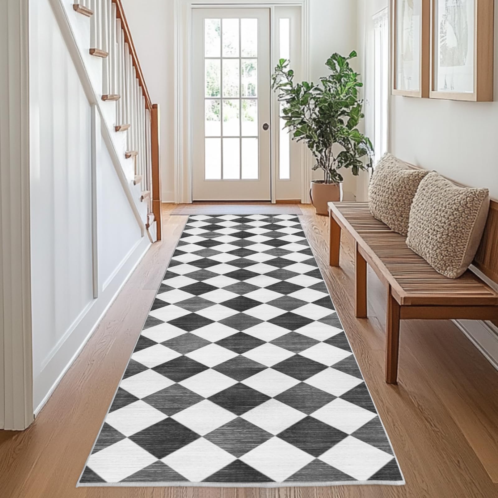 Chicnix Teppich Flur Küche 80x300, Teppich Läufer Waschbar Kurzflor rutschfest für Schmalen Gang, Moderner Kariert Geometrisch Malerei Teppiche für Eingangsbereich Schlafzimmer Dekor, Grau Grau