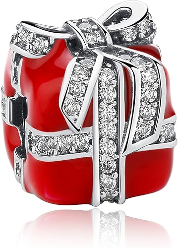Dijes de esmalte rojo para dijes Pandora abalorios de plata de ley auténtica caja de regalo de Navidad dije de árbol de Navidad para mujer joyería