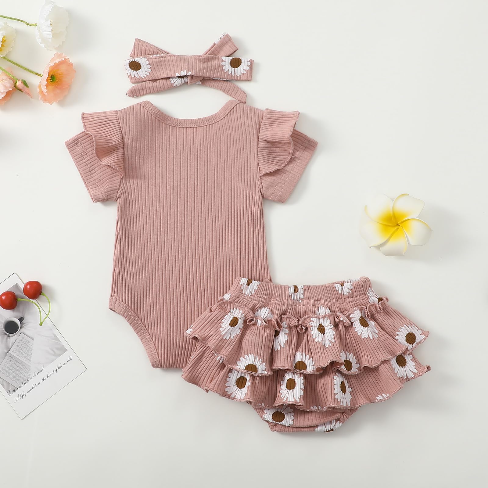 Ensemble Vêtement Bébé Fille Eté 3 Pcs Body à Manches Courtes à Volant + Jupe Short Léopard à Taille Elastique Tenues