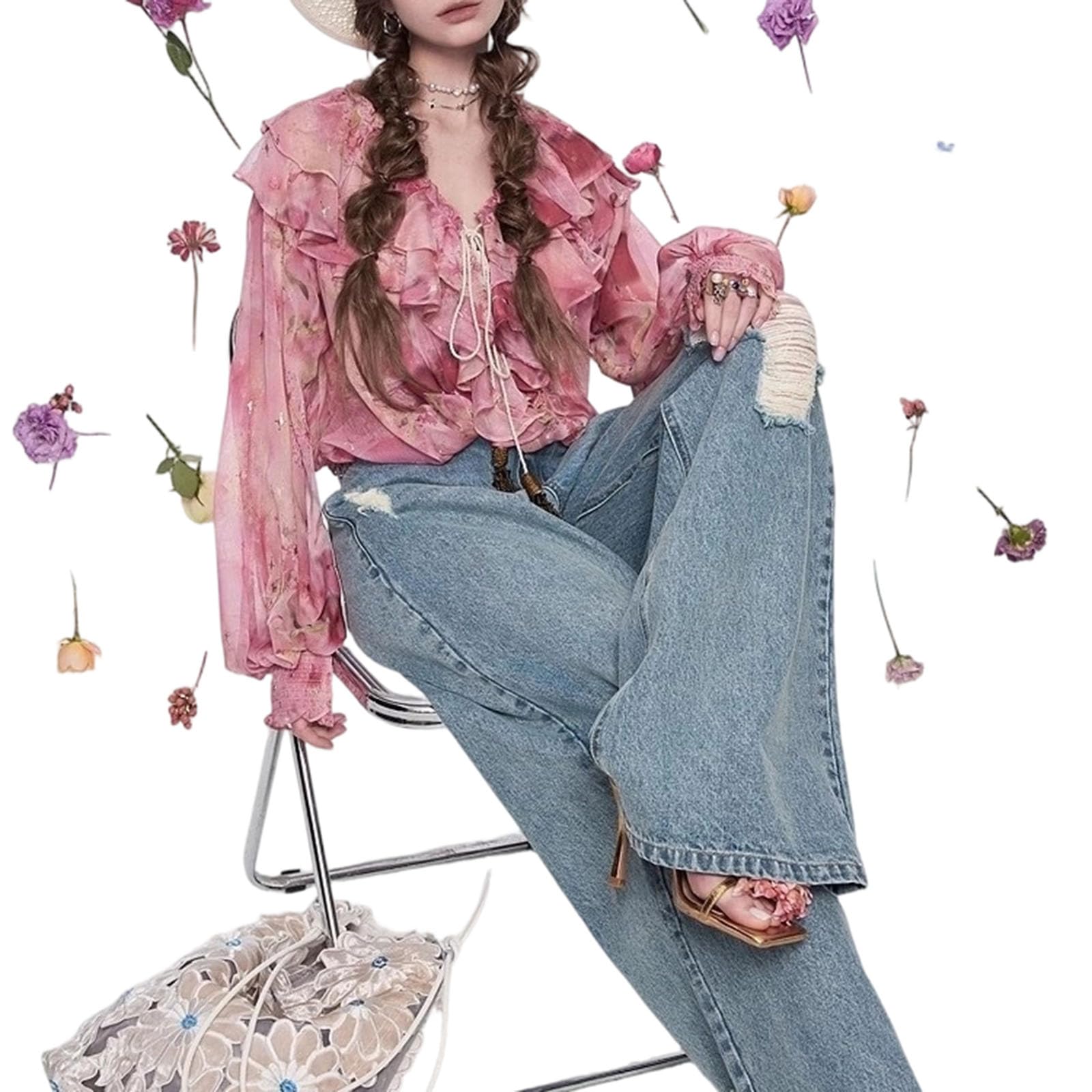 Blouse pour femmes à volants imprimée, col en V, manches longues, tendance, élégante, chemisier en chiffon à fleurs