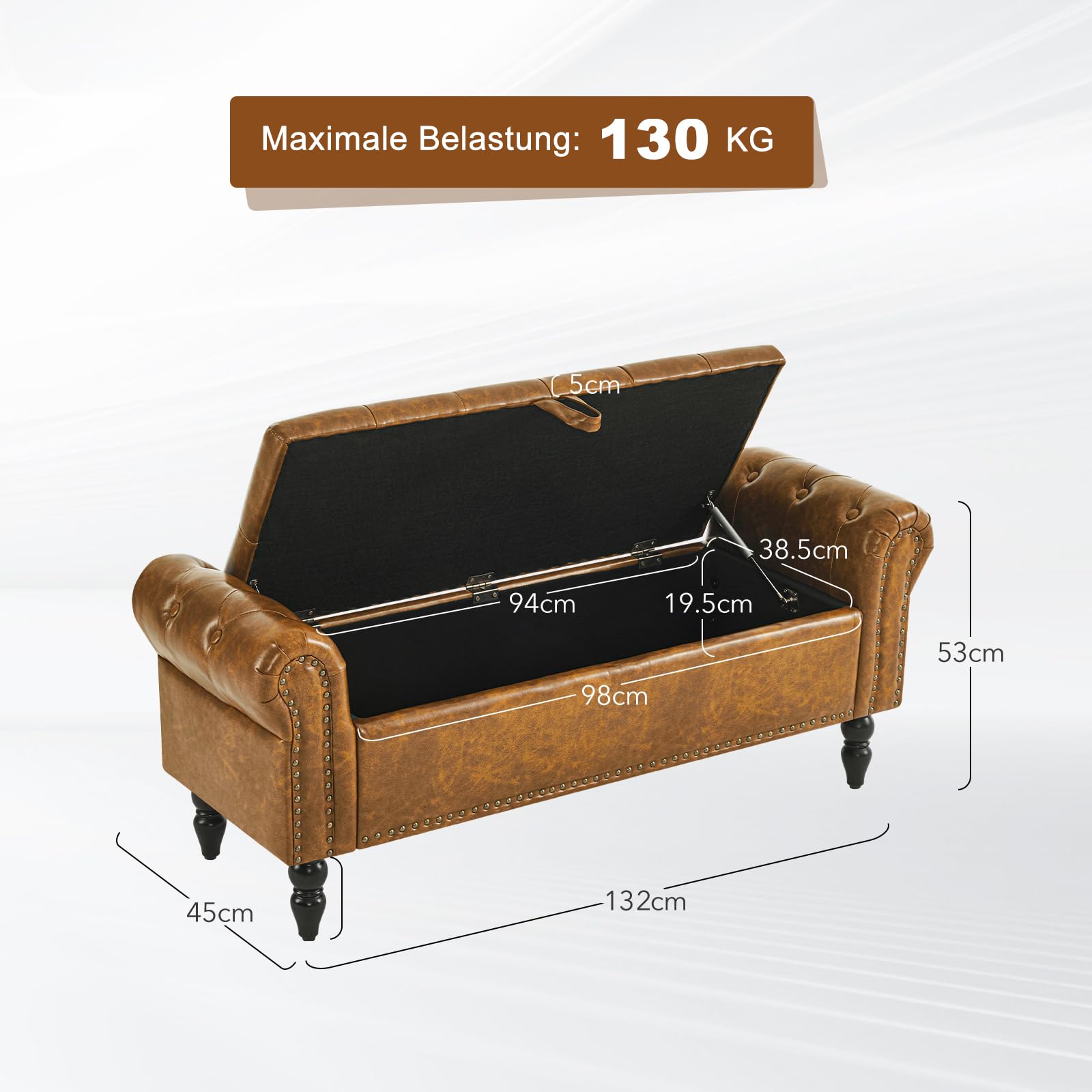 Sitzbank mit Stauraum 132cm, Aufbewahrungsbox, Fußbank, Bettbank, Sitztruhe mit Armlehnen aus PU-Kunstleder für Wohnzimmer Schlafzimmer Flur, GelbBraun