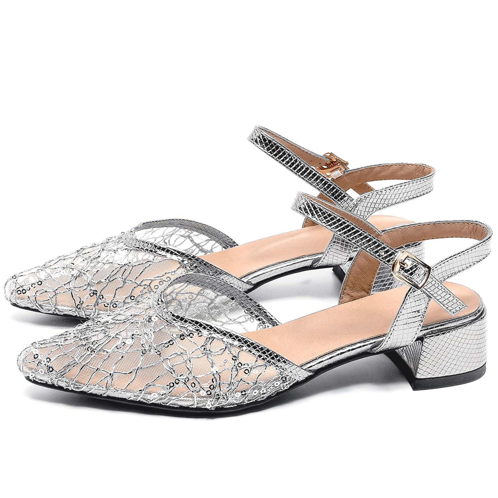 Women's Silver Mesh Flats Sandals Silver Pumps Chunky Heel Glitter Pointed Toe Buckle (size 40)