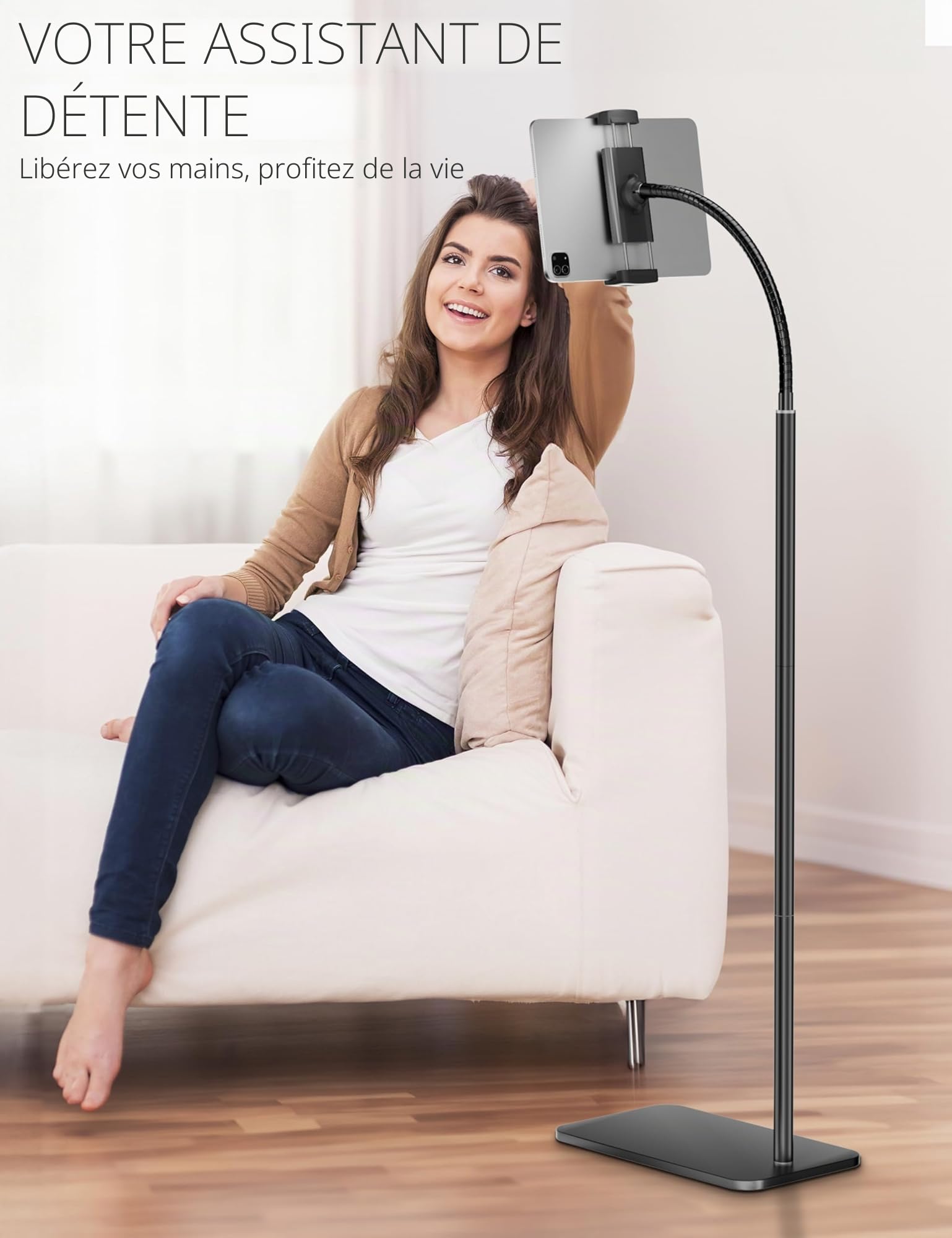 LanPavilion Support iPad, Support de Sol réglable en métal, avec col de Cygne Flexible,Compatible iPad/Kindle/téléphones (4.7''-13''), idéal pour Films en Mains Libres.