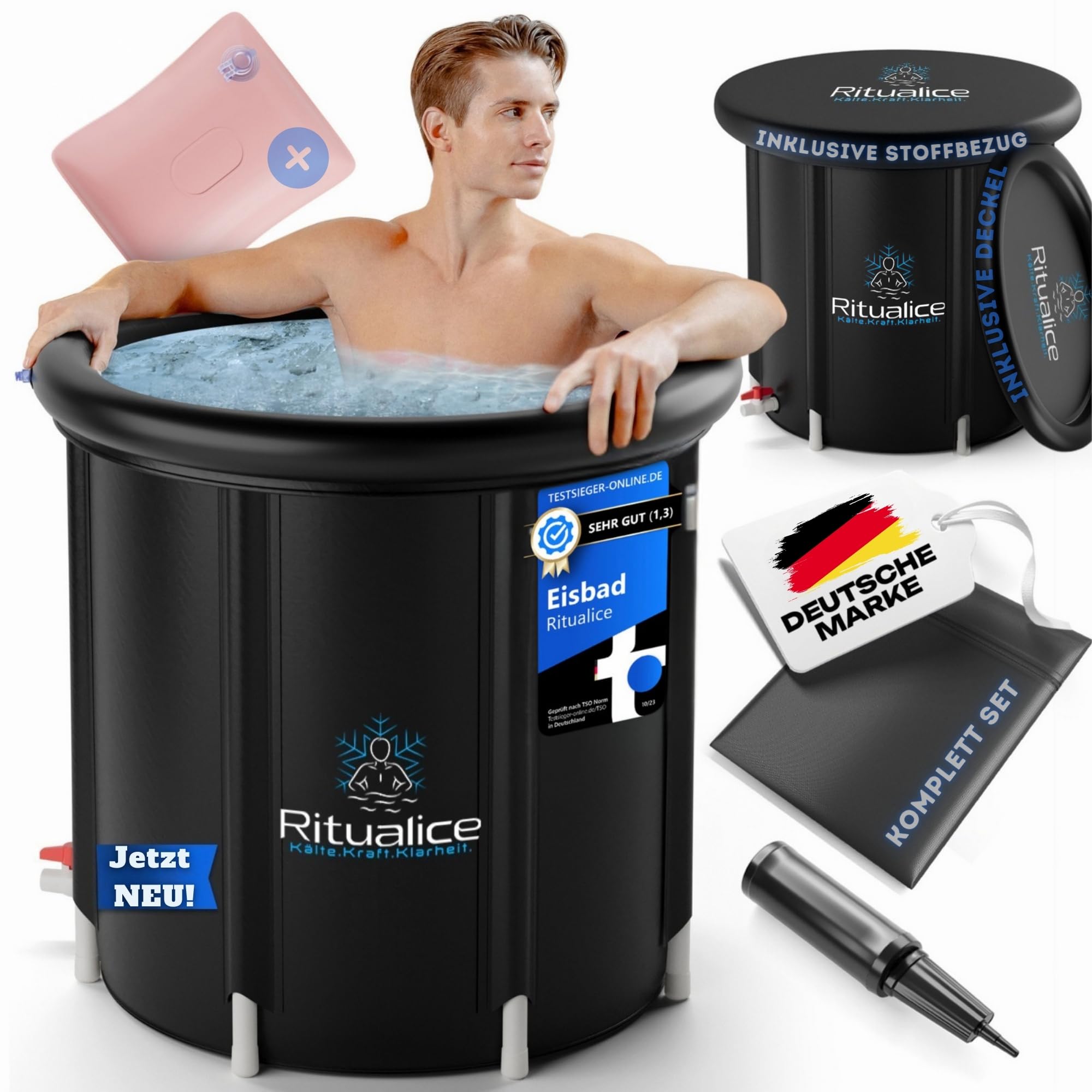 Eisbad XL 80 cm Komplettset mit Deckel & Stoffbezug | Eistonne/Eiswanne für Kryotherapie, Eisbaden & Cold Plunge zuhause, 8 Stützstangen, 5-Schichten-Material