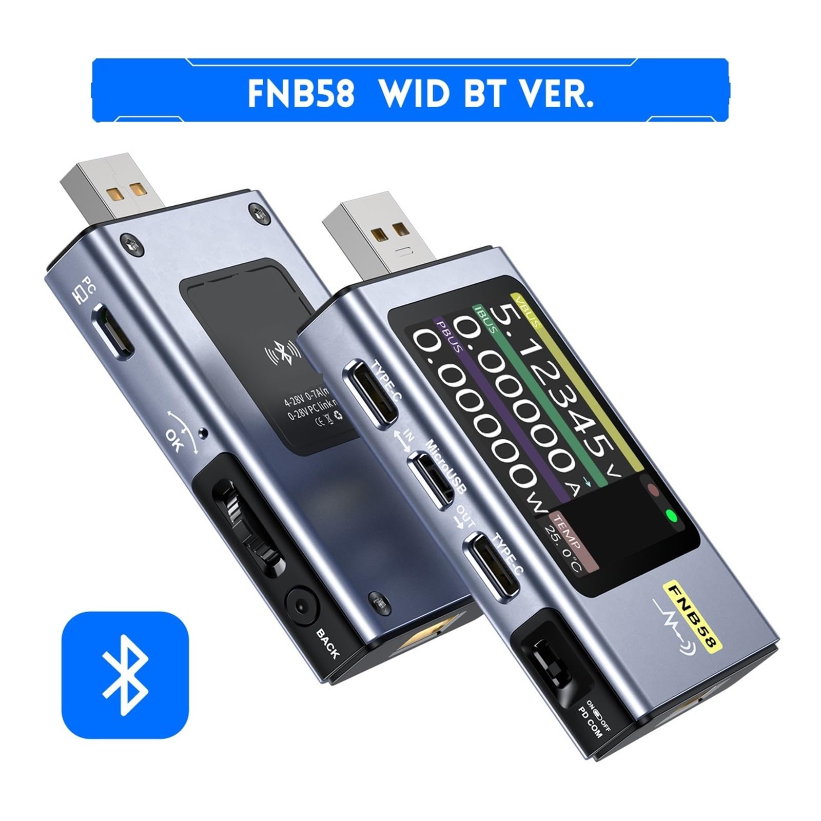 Tester USB,Tester kabla USB, FNB38 Miernik prądu i napięcia Tester USB QC4 + PD3.0 2.0 PPS Protokół szybkiego ładowania Test pojemności do sprawdzania pojemności, czyszczenia pojemności(FNB58 With BT.