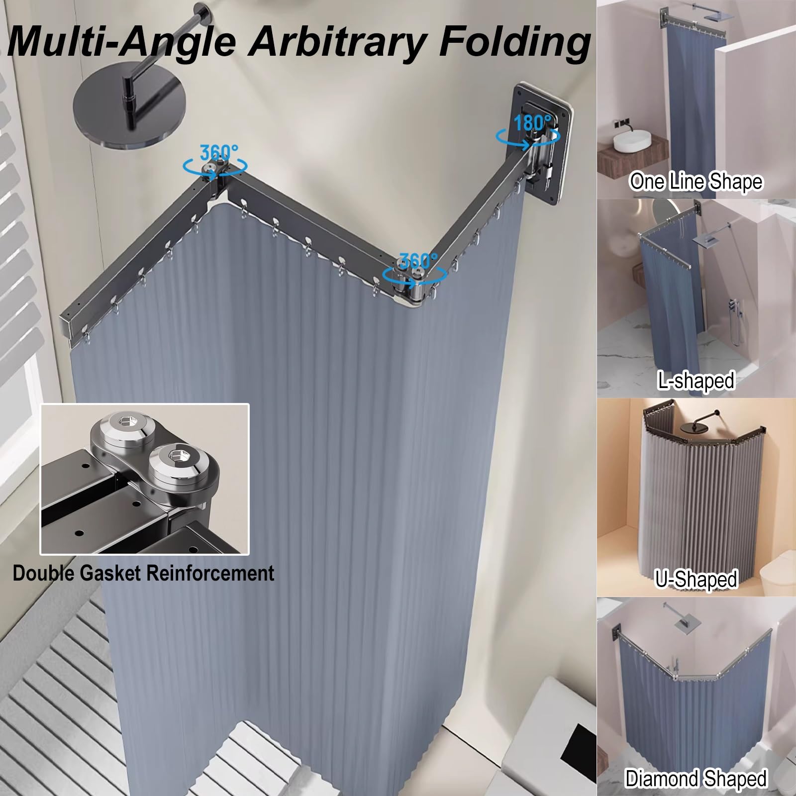 Barra de cortina de ducha plegable ajustable, diseño que ahorra espacio para baños pequeños, almacenamiento oculto, fácil instalación, ideal para divisiones en ángulo, duradera y elegante