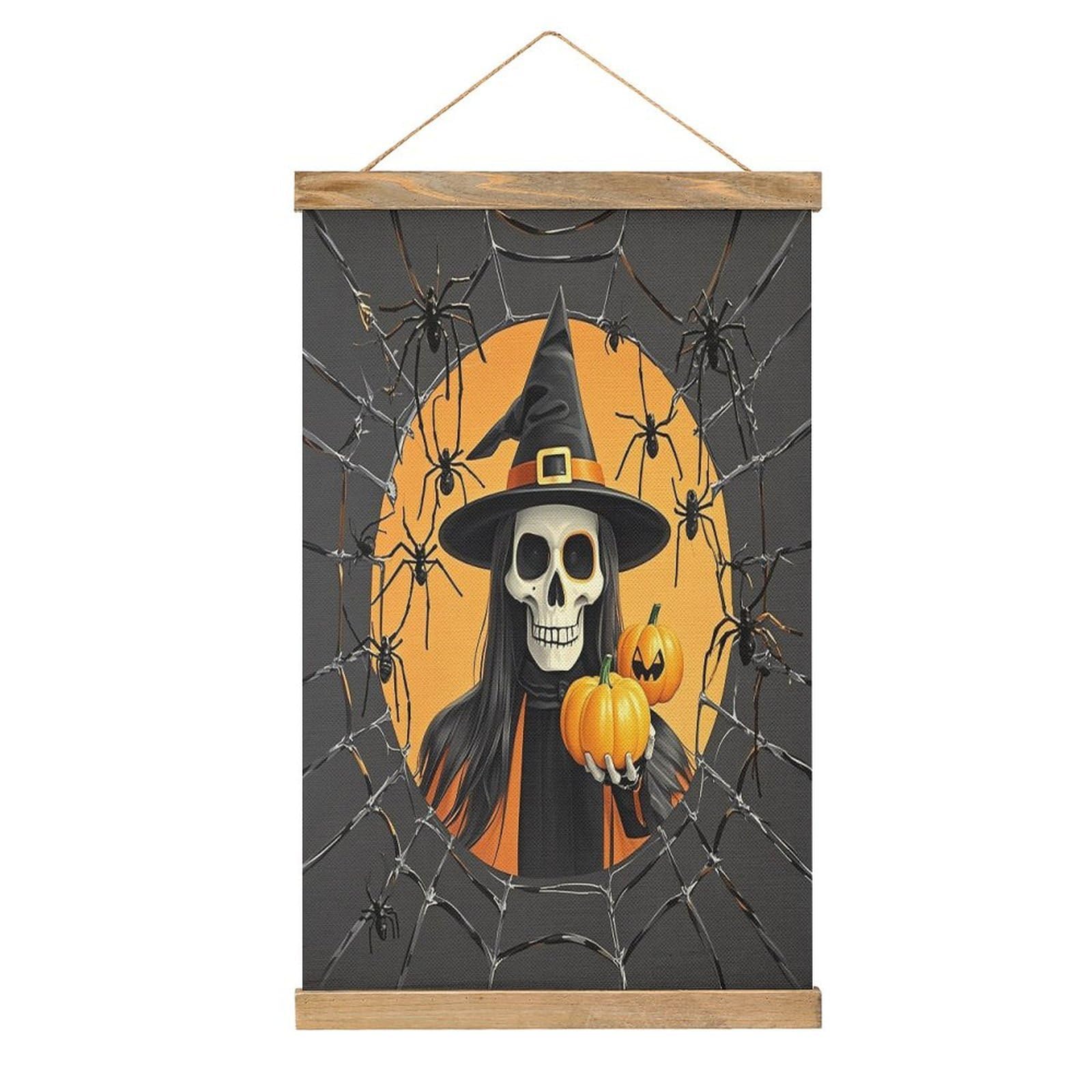VstaDank Skeleton Spider Web Hanging Poster with Wooden Frame Modern Linen Hanging Painting Retro Style Wall Decor Art Painting for Living Room,Bedroom Decor Poster Frame 20.4x13.1inch