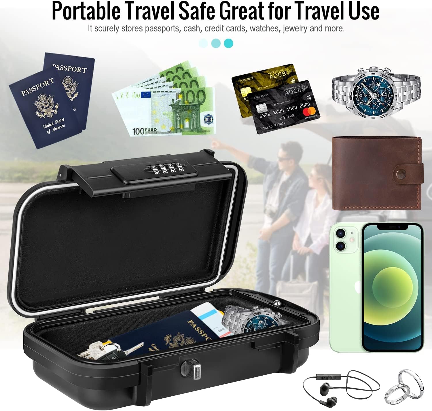 BKNOOU Cassetta di sicurezza da viaggio, portatile, sicura per viaggi, antifurto, da spiaggia, impermeabile, piccola scatola con serratura a combinazione con catena rimovibile, cassetta di sicurezza