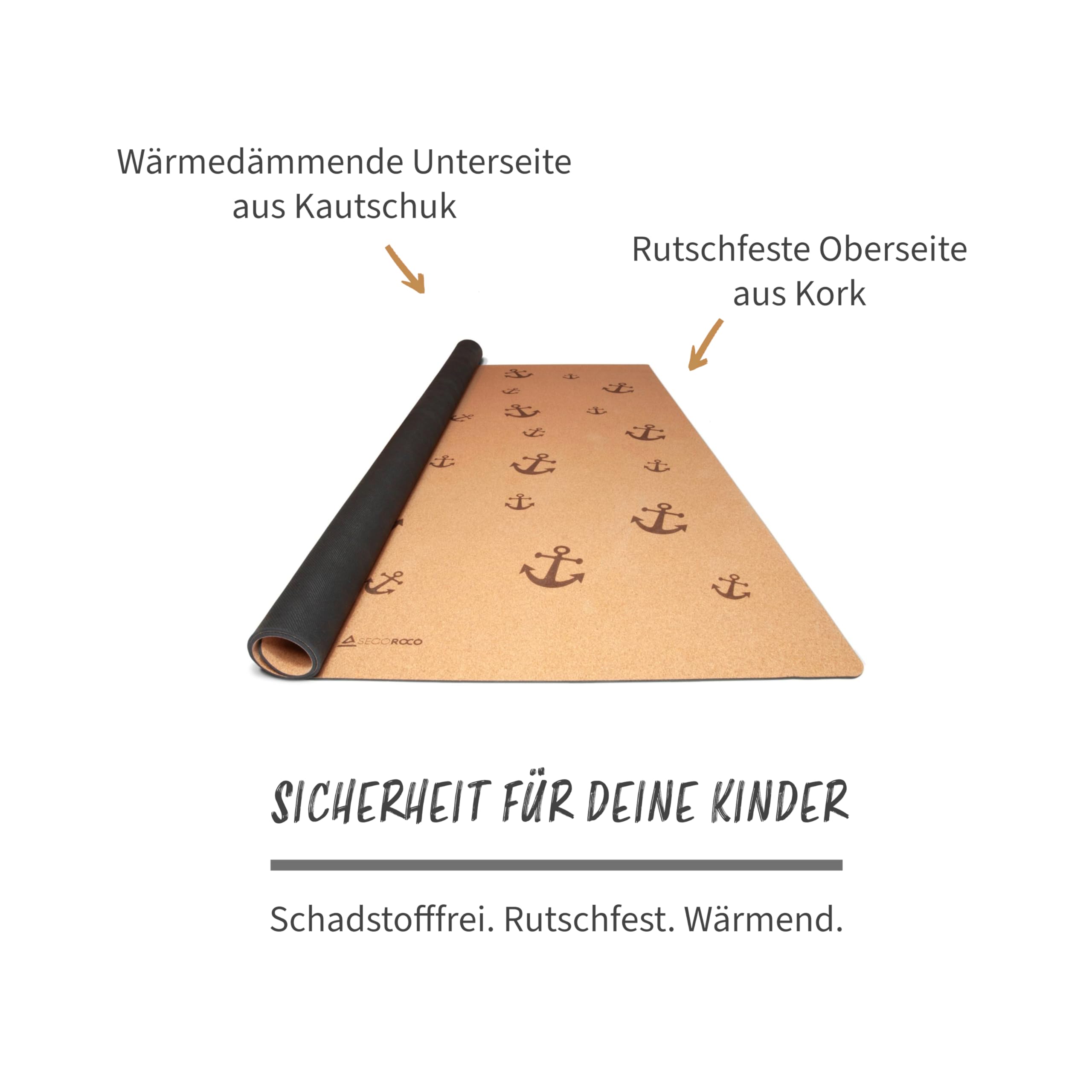 Spielmatte aus Kork. Schadstofffreie Krabbelmatte für Babys und Kinder. Anker 160x110 cm