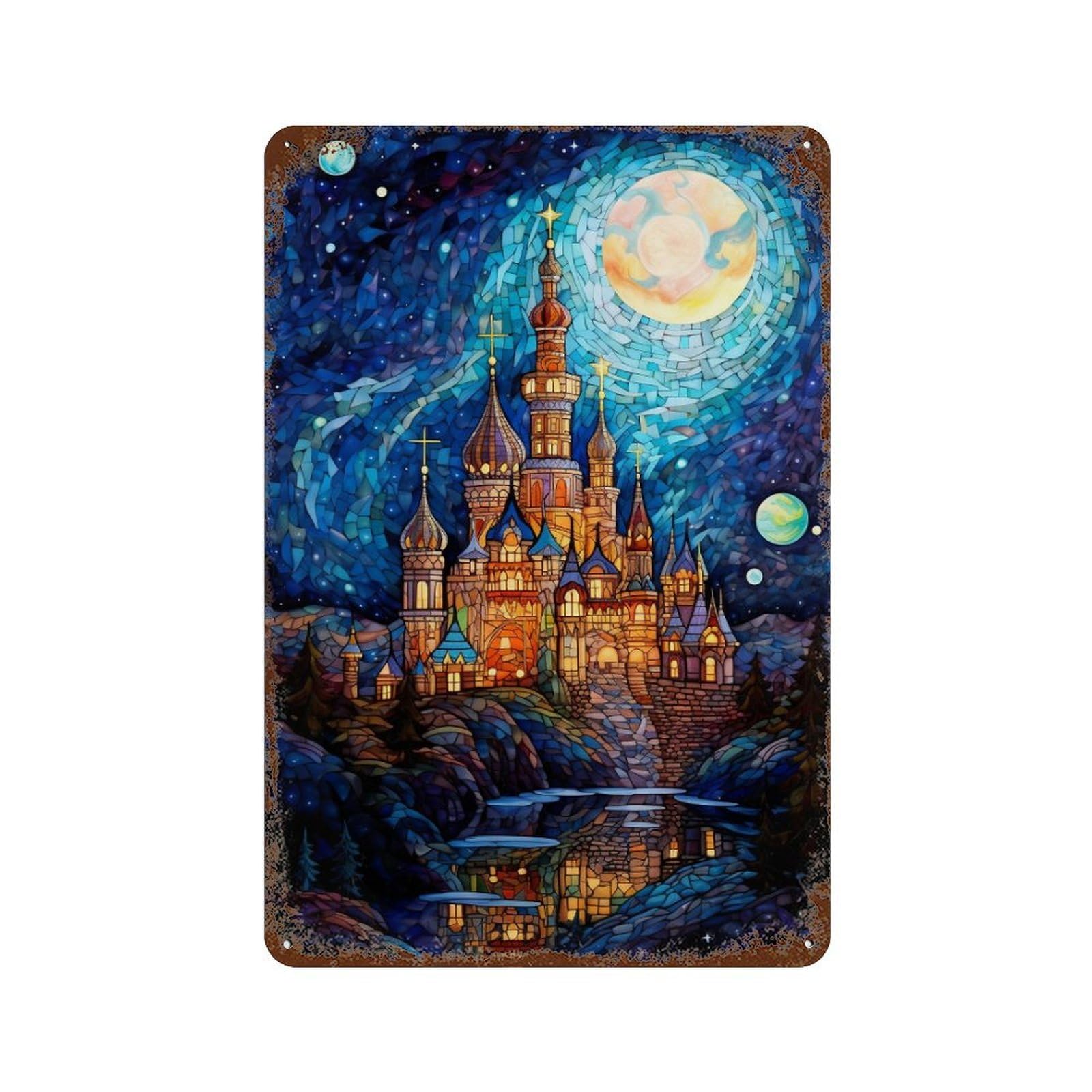 Stained Glass Castle Night Scene -1 Rust Effect Tin Sign 11.8"x7.9", Farmhouse Wall Decor for Living Room, Hallway And Home Decor