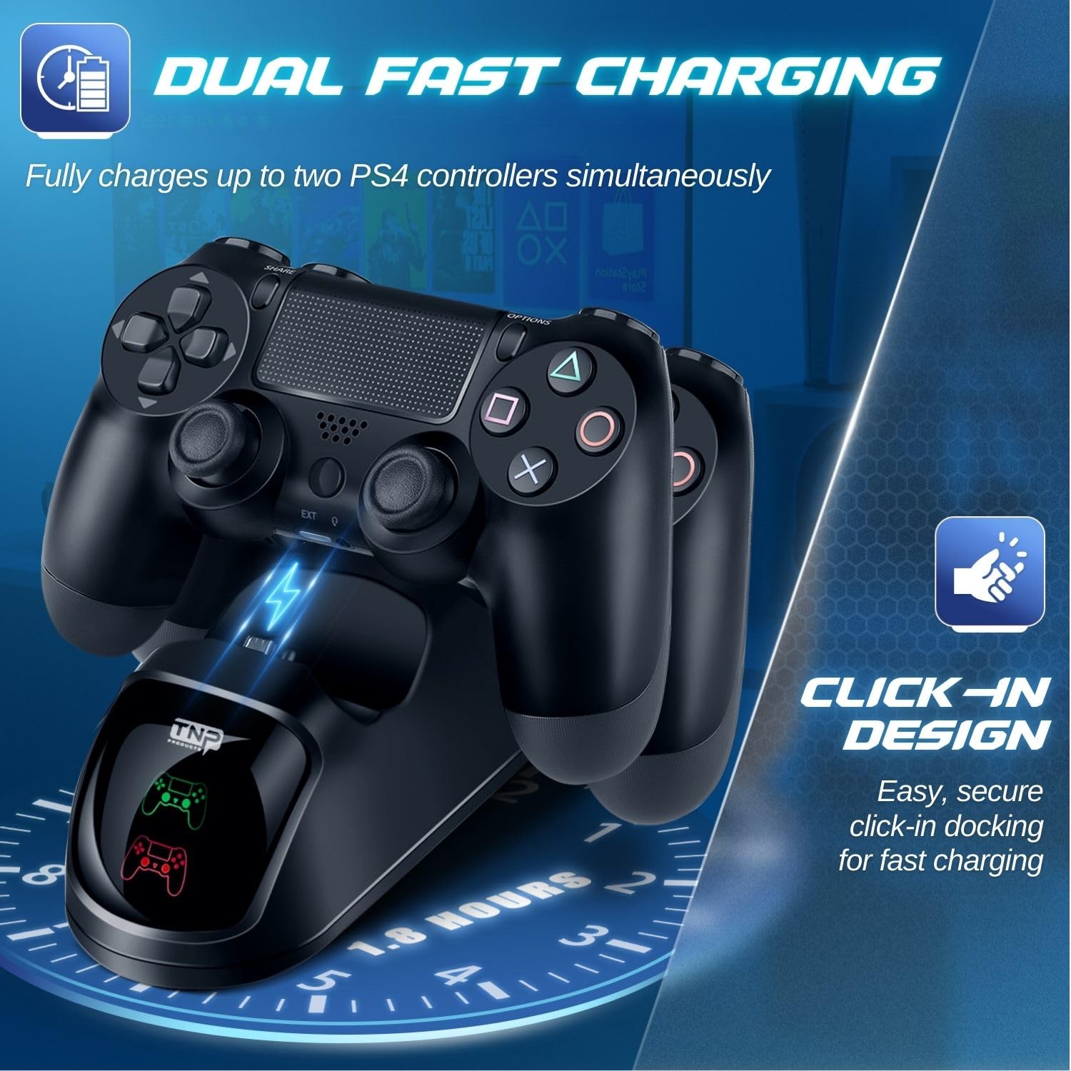 TNP Station de Charge pour Manette PS4-Chargeur Rapide avec Double Socle Port USB Dualshock et Base et Indicateur LED pour Sony Playstation 4 PS4 / Slim/Pro Contrôleur sans Fil avec Câble de Câble