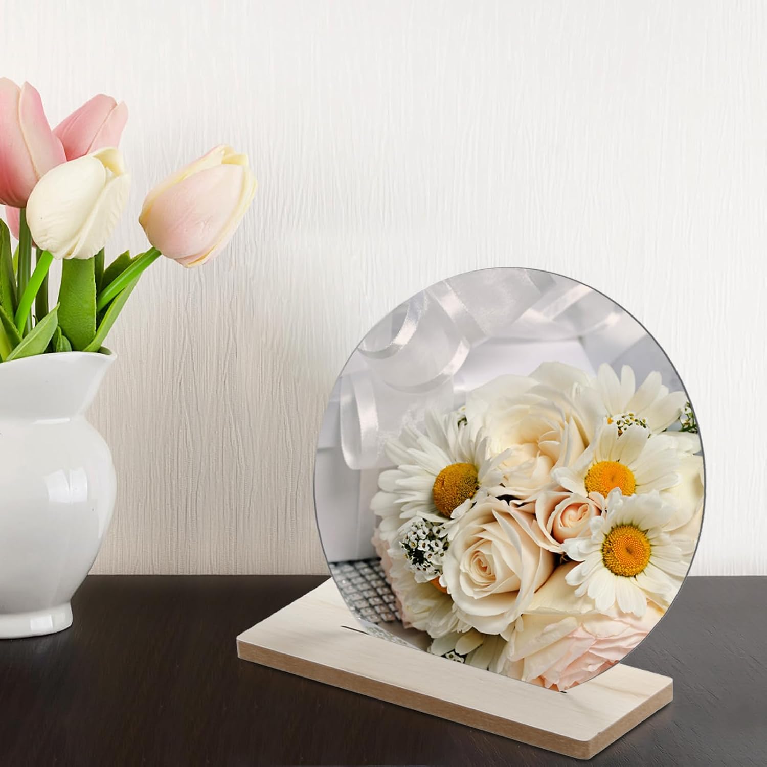 Irregular Aesthetic Vanity Mirror, Frameless Acrylic Decorative Desk Tabletop Mirror with Wooden Stand Funky Makeup Mirror for Living Room Bedroom and Minimal Spaces Home Decor (Round)