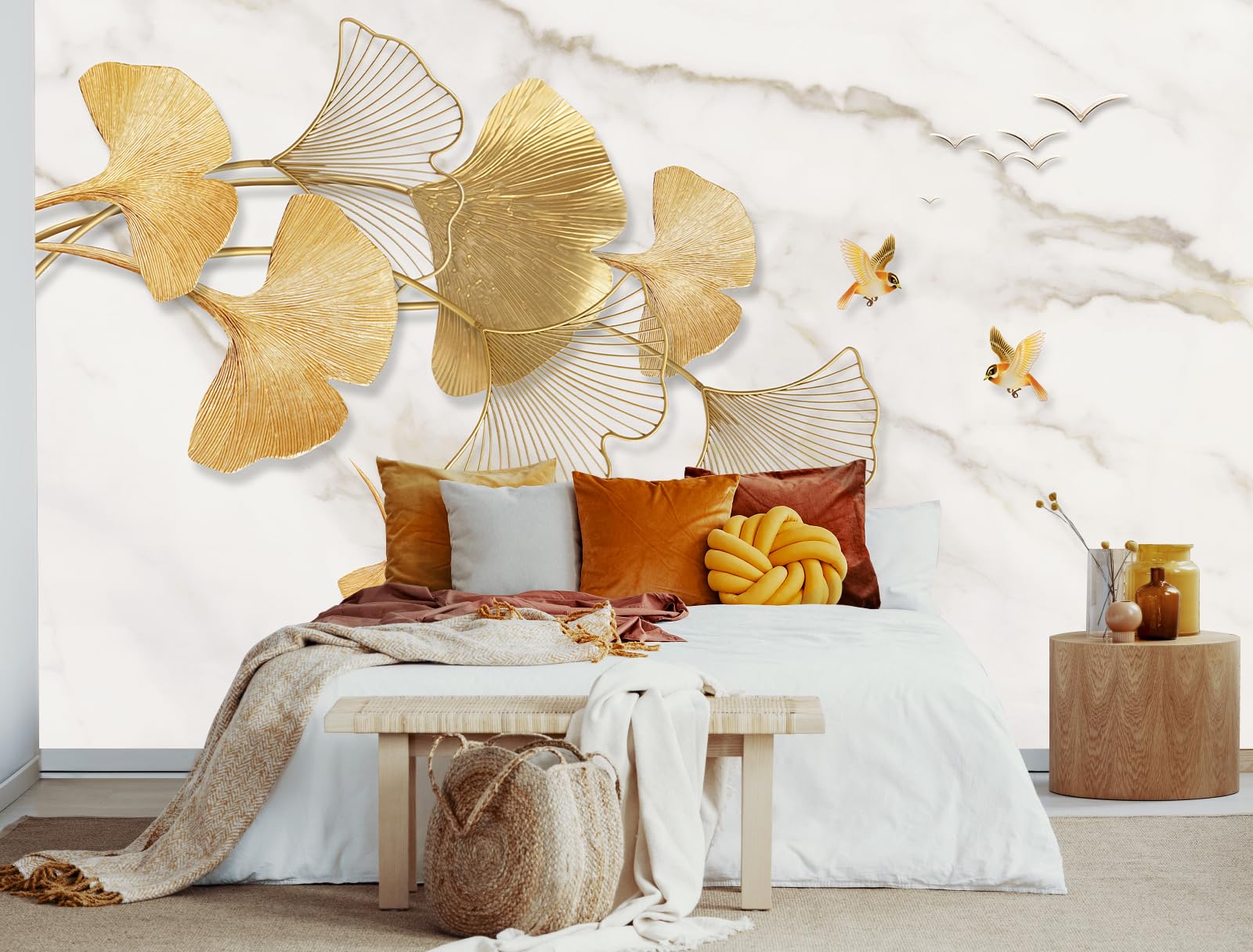 Marble Wallpaper Golden Ginkgo Leaves Wall Mural Bedroom Living Room (Not Peel n' Stick)