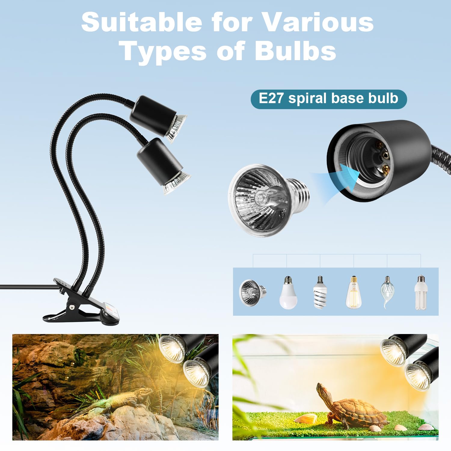 testyu Lampada Riscaldante Tartarughe a Due Teste, 25W+50W Lampada Tartarughe Acqua E27, UVA+UVB Lampadas Riscaldante Rettile con Interruttore Timer Regolabile per Tartarughe Rettili Lucertole (Nero)