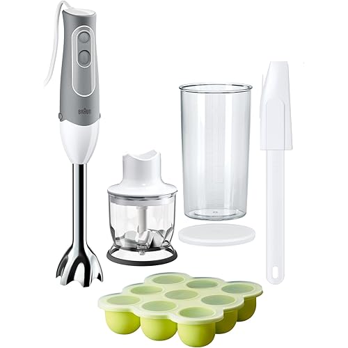 Braun MultiQuick 5 Hand Blender MQ523 Baby, 2 speed control, extra light, anti splash, includes 4 attachments; 500 ml chopper, silicon freezer container, BPA- free plastic beaker & spatula - White