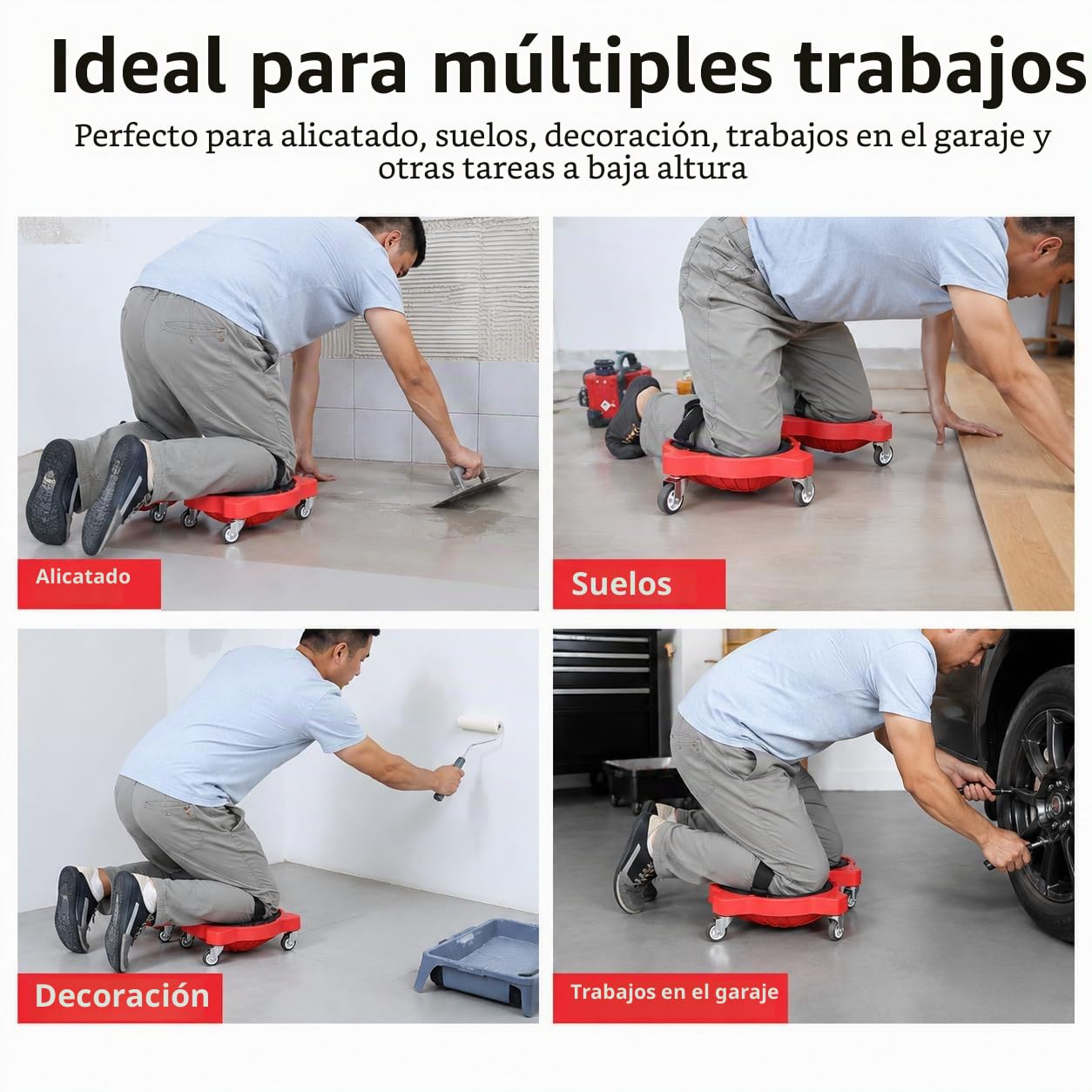 Rodillero con rodillos taller rodillas jardín rodillo rodilleras trabajo suelo rodilla protección de rodilla (Rojo)
