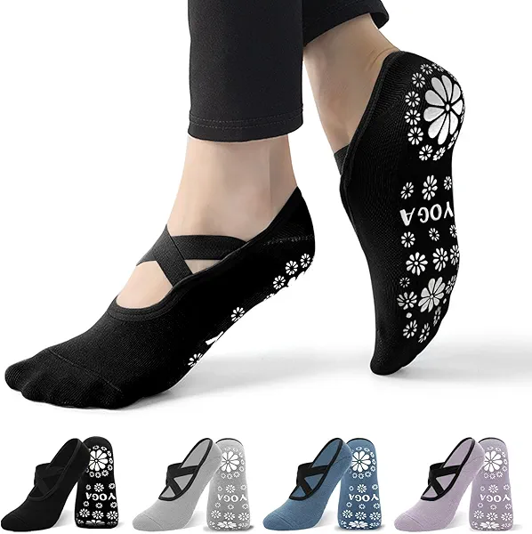 Qincycle Yoga Socks, Pilates Grip Socks for Women, 4 Pairs Non-Slip Grips Straps Athletic Socks for US 7-10 Pilates Dance(Black Grey Blue Purple)