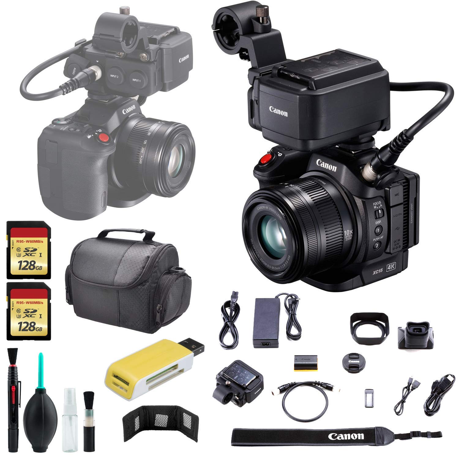 Canon XC15 4K Pro Camcorder + Carrying Case + USB Card Reader- 128GB SD x2