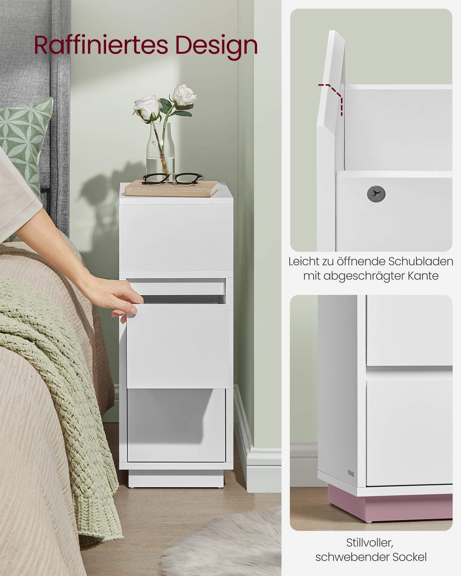 VASAGLE Nachttisch, schmal, Beistelltisch mit 2 Schubladen, offenes Fach nach Links oder rechts flexibel montierbar, für Schlafzimmer, Wohnzimmer, wolkenweiß LET656W01