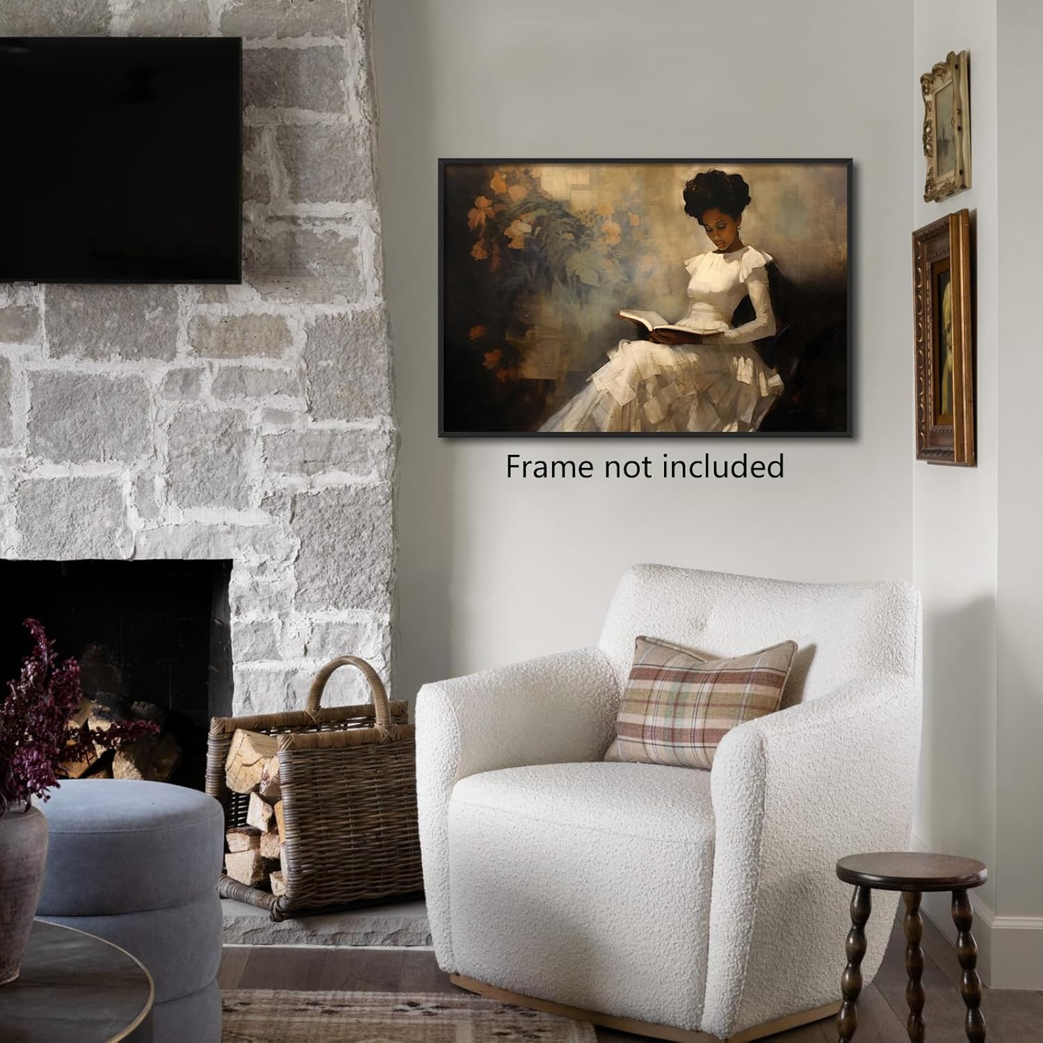 Vintage Female Portrait Reading A Book Poster, Framed Famous Oil Painting Canvas Wall Art, Antique African American Wall Art, Retro Black Girl Pictures Wall Decor for Bedroom 24x36in-Framed
