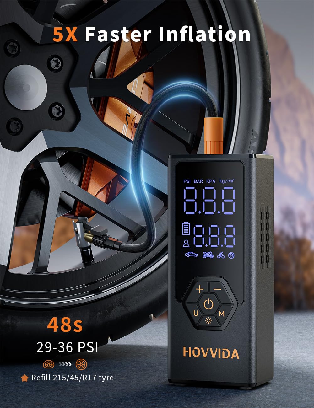 HOVVIDA Gonfiatore Pneumatici Compressore d'Aria Portatile, Gonfiatore per Pneumatici Auto, Batteria da 7800 mAh, 12 V CC, 150 PSI, Flusso d'Aria 40 L/min, Gonfiaggio Rapido, Pompa Portatile per MPV