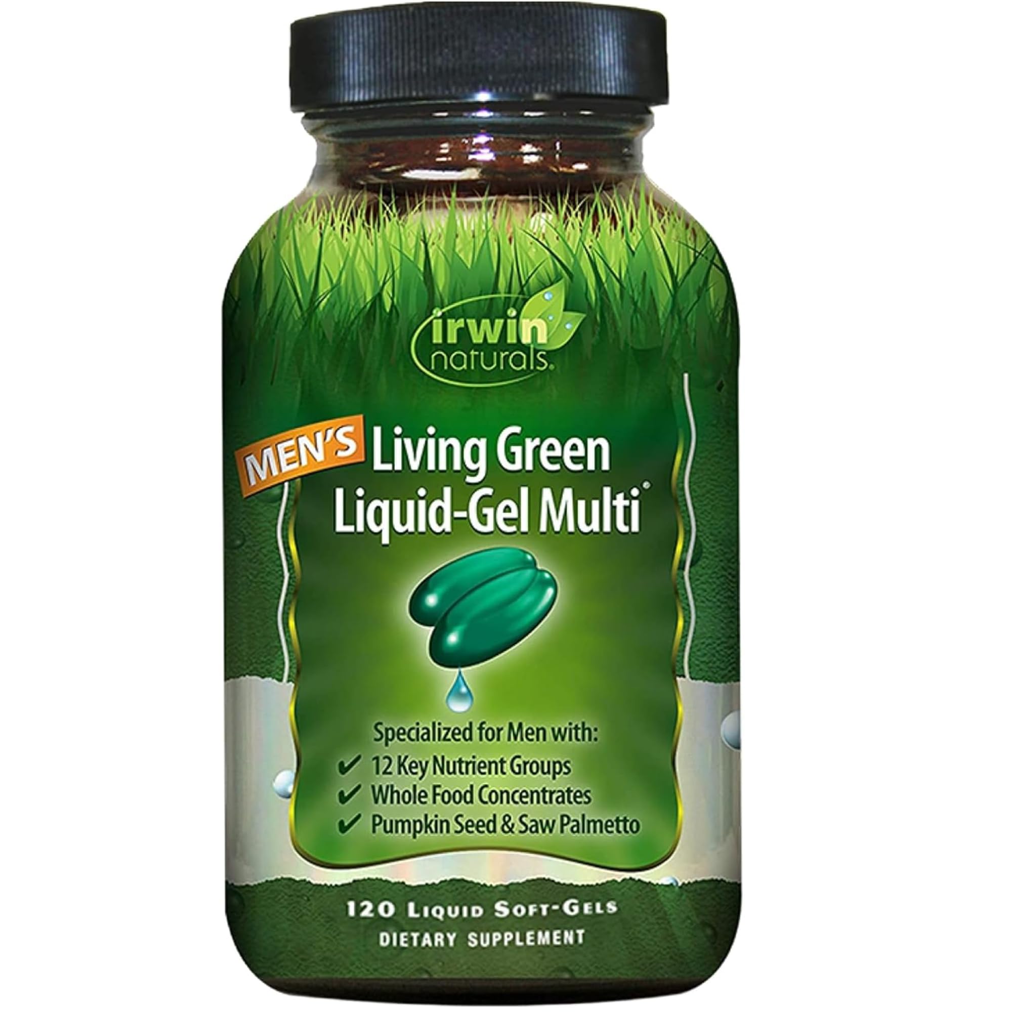 Irwin Naturals Men's Living Green Liquid-Gel Multi - 70 Essential Nutrients, Full-Spectrum Vitamins, Wholefood Blend - Targeted Adrenal & Brain Support - 120 Liquid Softgels
