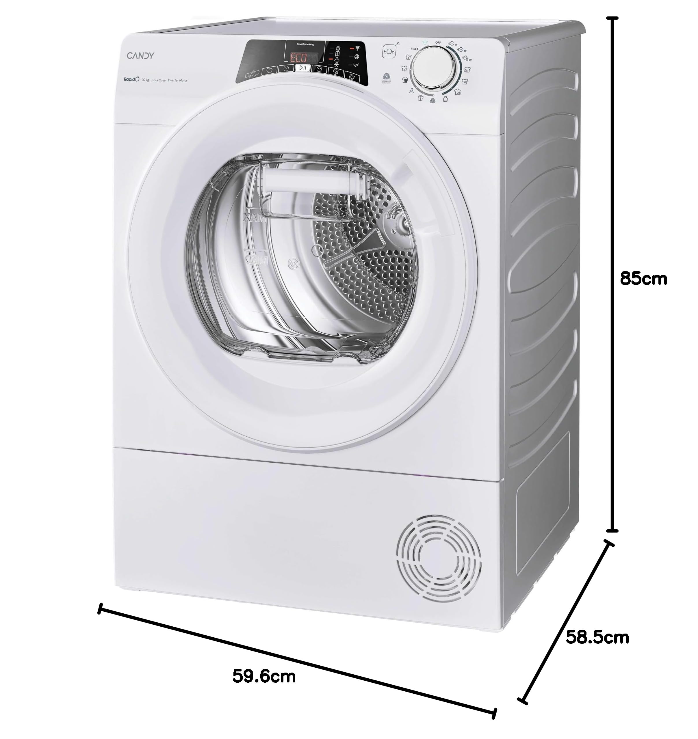 Candy RapidÓ RO EH10N3TE-S - Secadora de 10 kg con bomba de calor, motor inversor, programa de planchado fácil, conectividad Wi-Fi + BLE, 85 x 59,6 x 58,5 cm (alto x ancho x profundidad), blanco-clase | RO EH10N3TE-S - Motor Inverter, planchado fácil, Wi-