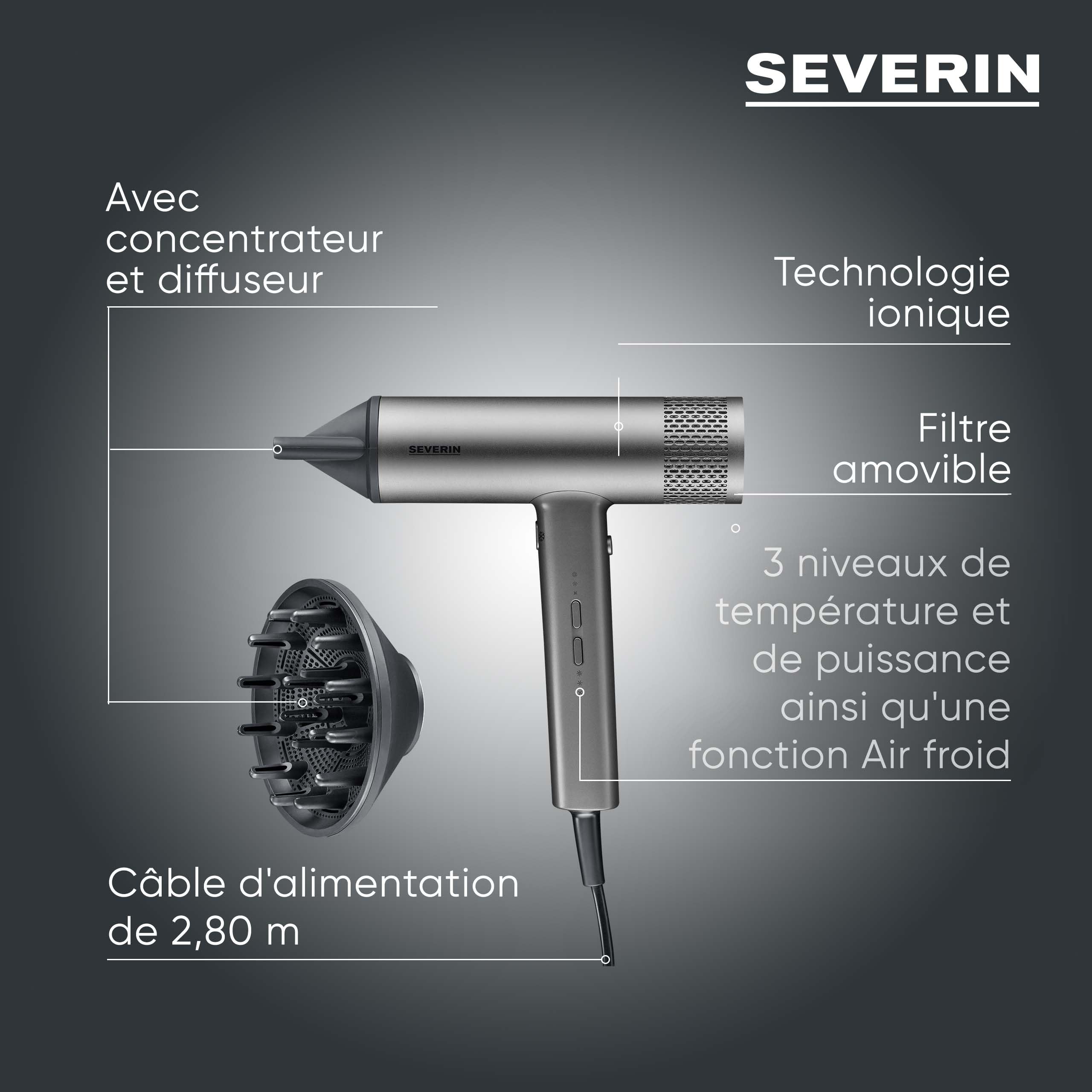 SEVERIN Seche cheveux performant avec moteur BLDC et technologie ionique, Sèche cheveux avec diffuseur et concentrateur magnétiques, sèche-cheveux puissant 2 000 W, Gris, HT 0171
