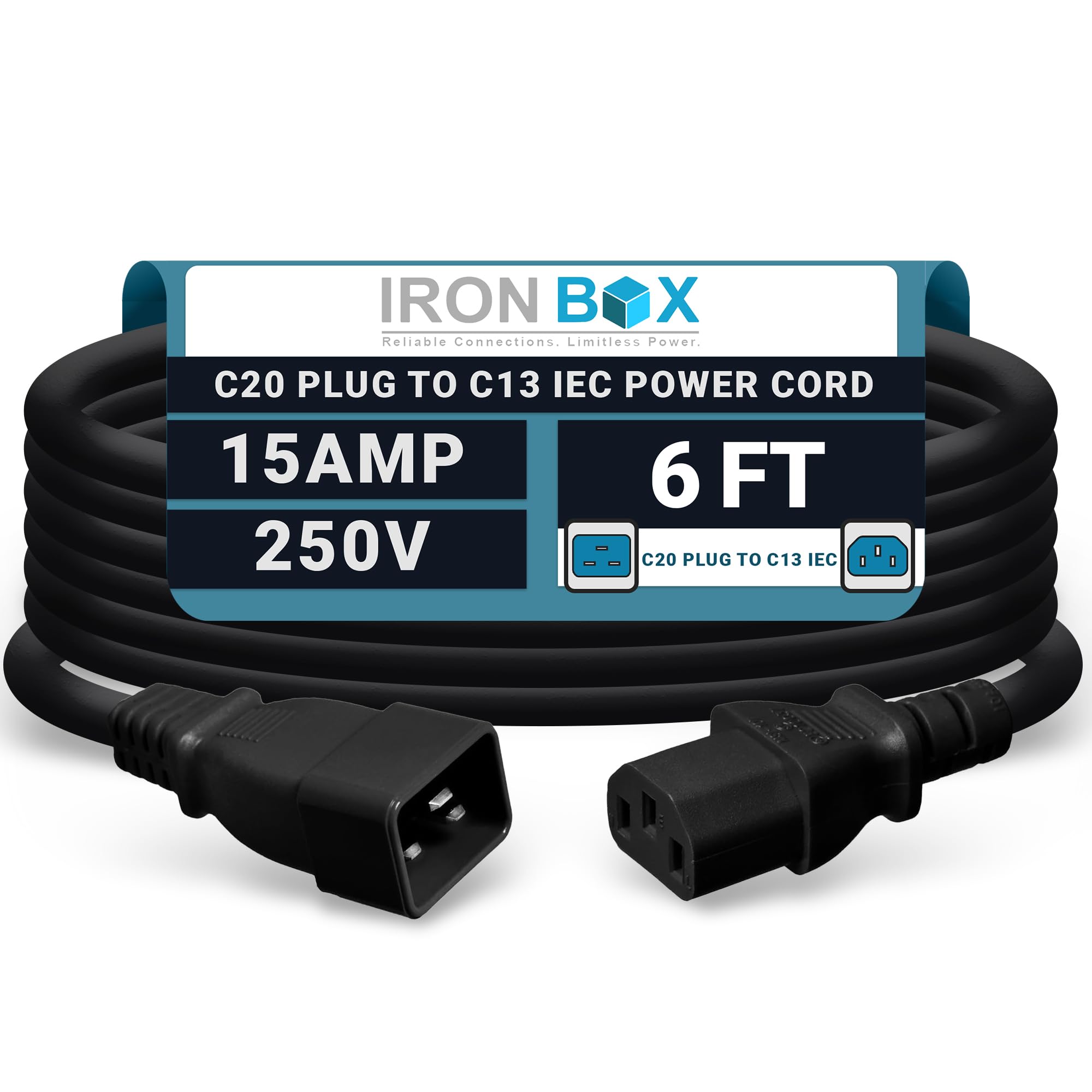 IronBox Electric C20 Plug to C13 IEC Connector Power Cord - 15A/250V, 14/3 AWG SJT - Heavy Duty Power Cable - Power Extension Cord - UL Listed Jumper Cord for Computer, Monitor & More (6ft, Black)