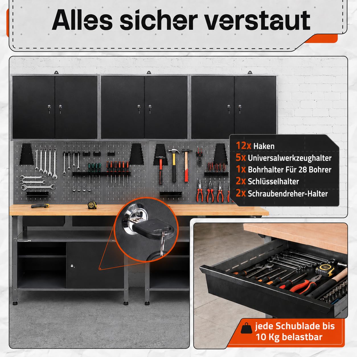 Ondis24 Werkstatteinrichtung Werkstatt Set Werkbank Fritz Hängeschrank Werkzeugwand Metall Schwarz Grau (3X Hängeschrank Ben, 240 cm), Buchenholzarbeitsplatte