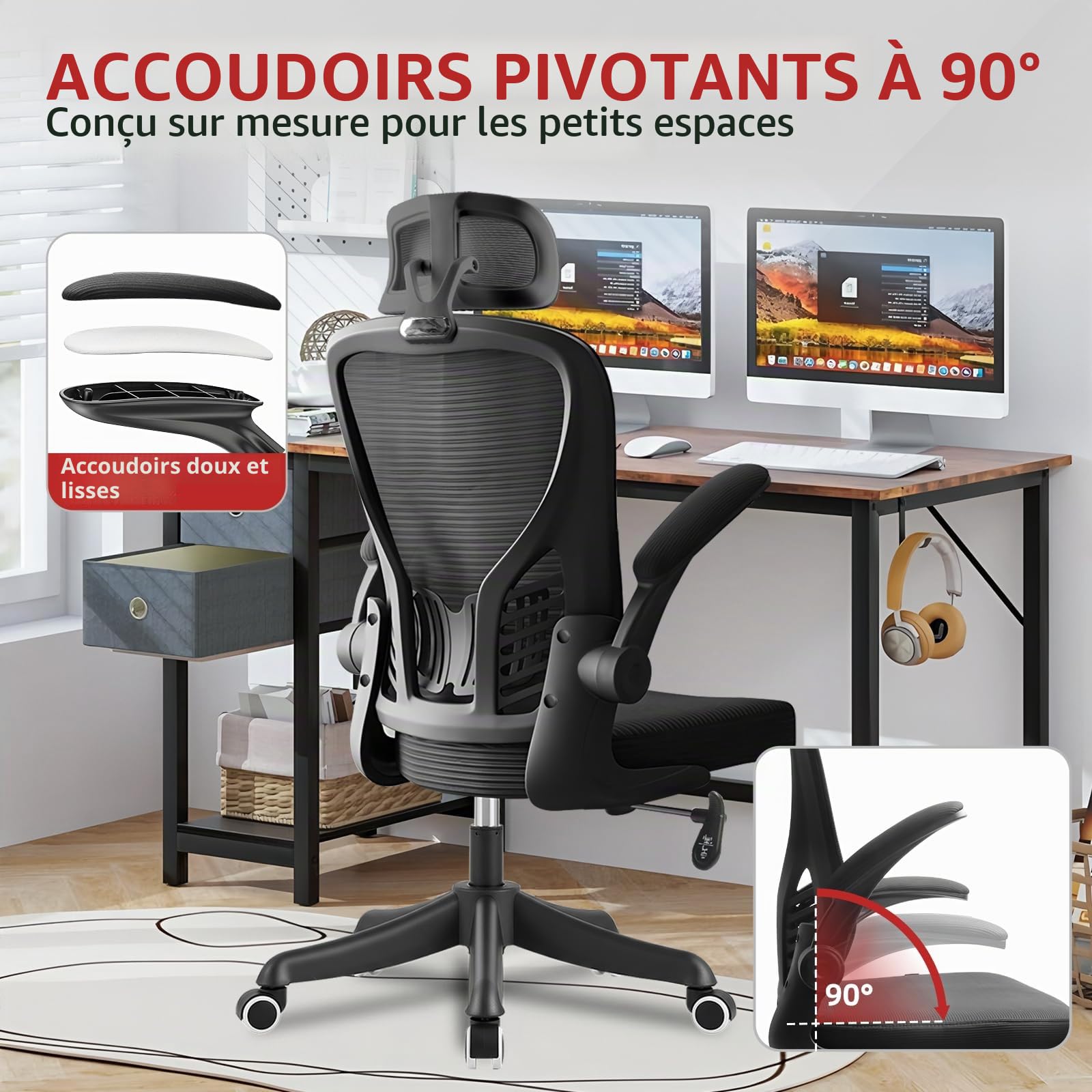 Chaise de Bureau Ergonomique avec appuie-tête et accoudoirs réglables, Support Lombaire, Dossier Respirant, Hauteur relevable et roulettes pour Bureau, Chambre ou étude