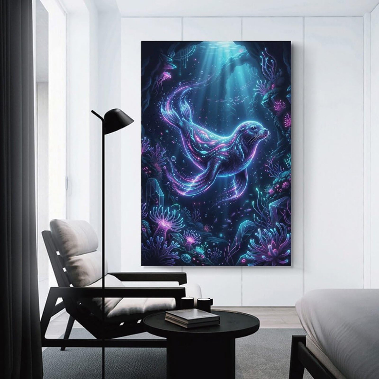 Junmoney Bioluminescent Seal in Underwater Cave Canvas Wall Decor 24x36inch(60x90cm), for Calm Bedrooms, Home Corners Or Flats, A Warm Accent for Relaxed Interiors