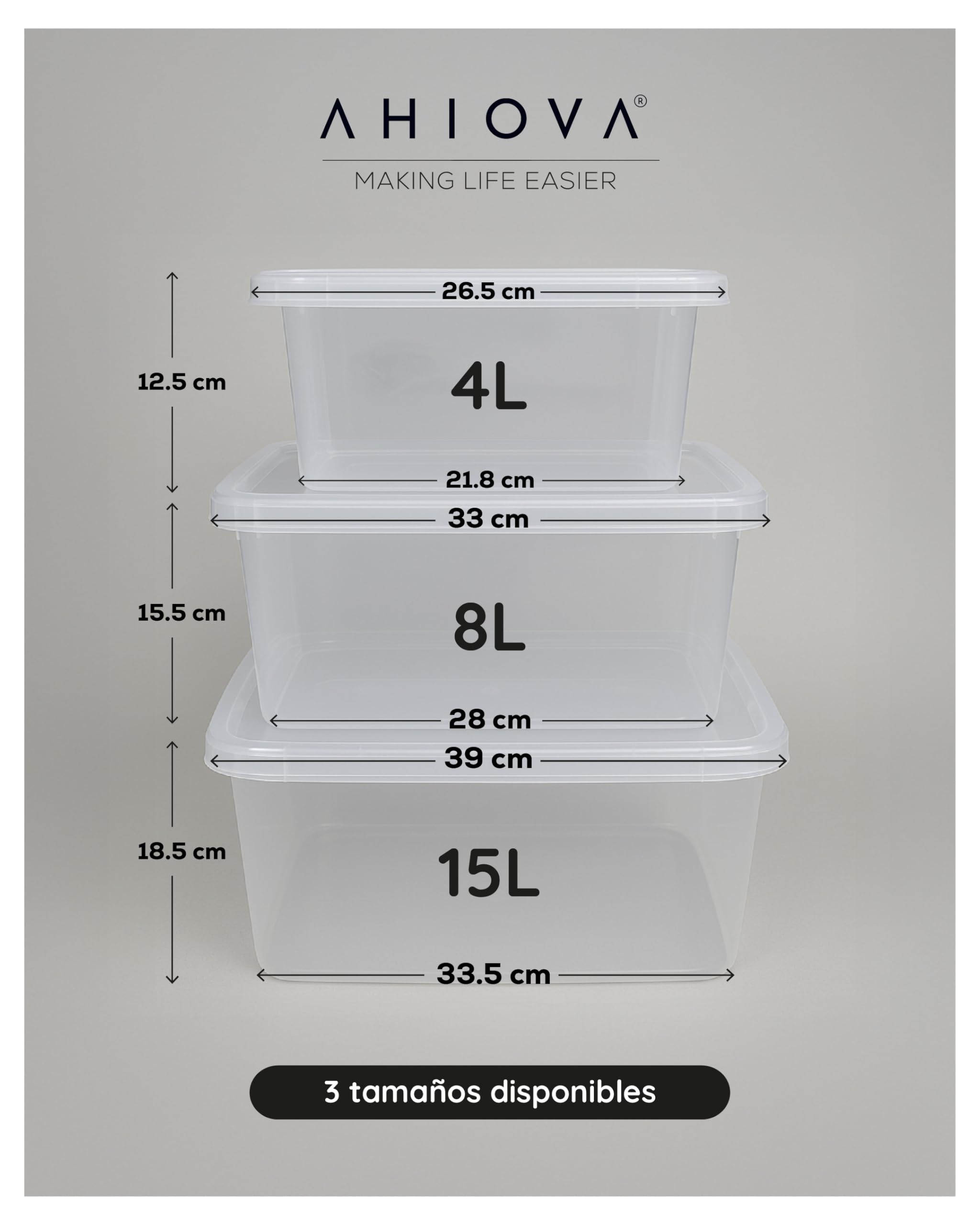 Cajas Almacenaje Plastico 8L con Tapa Set 5 Organizadoras Apilables 100% Transparentes Click Presión 33x24x15,5cm Hogar Baño Garaje Oficina BPA Free Fabricadas Europa