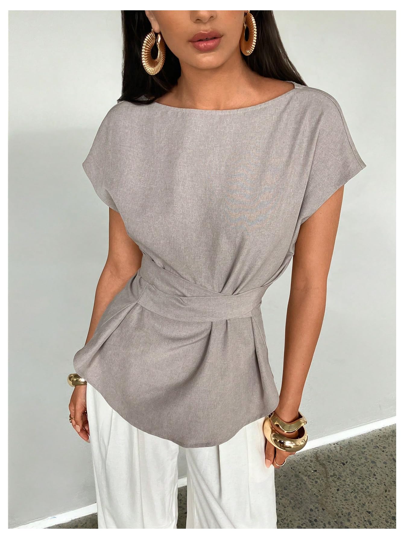 MakeMeChic Women's Belted Short Sleeve Blouse Crew Neck Loose Summer Elegant Office Shirt