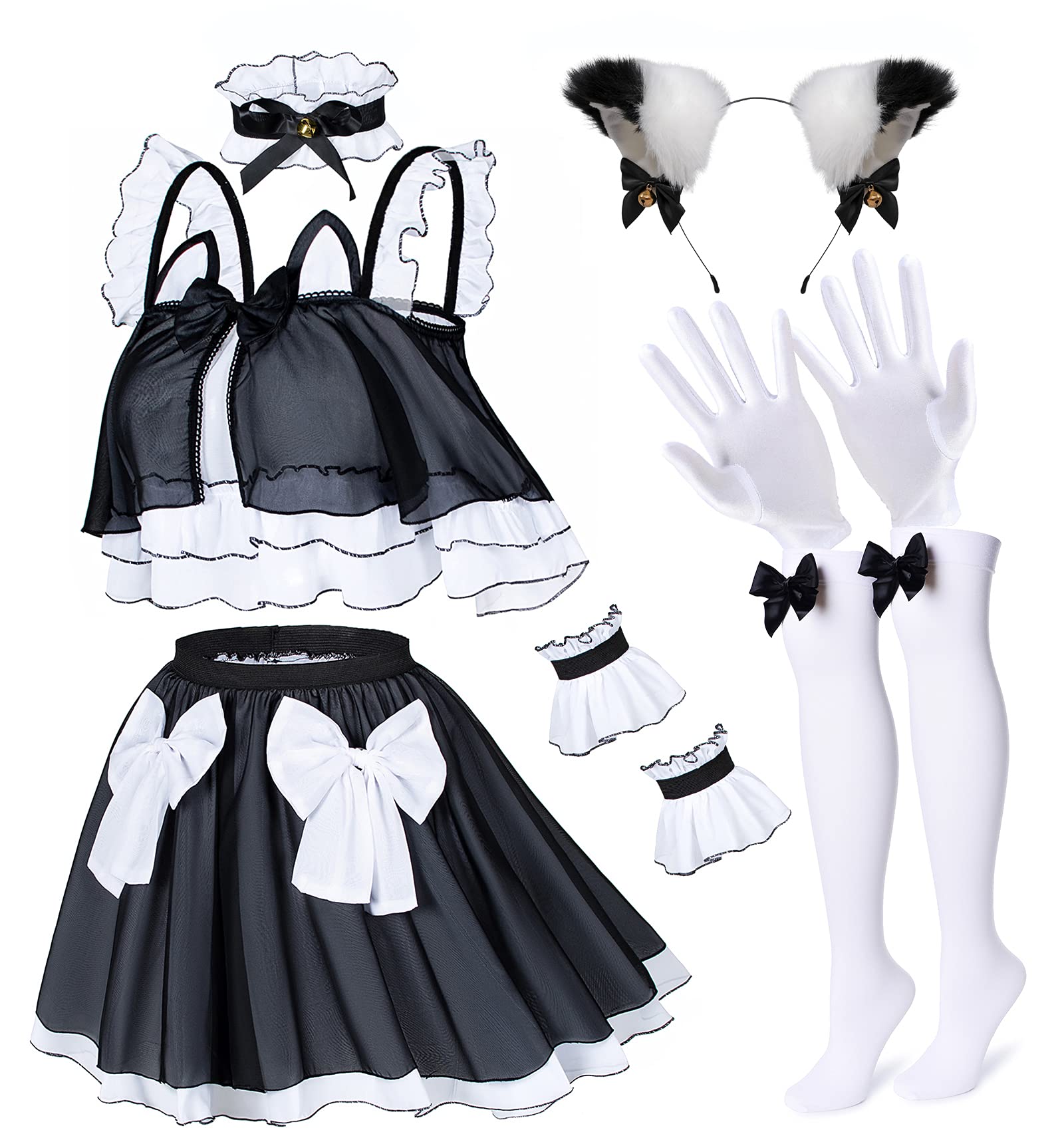 Anime Crop-Top Maid Fancy Princess Skirt Cosplay Costume Furry Cat Ear Gloves Socks Set