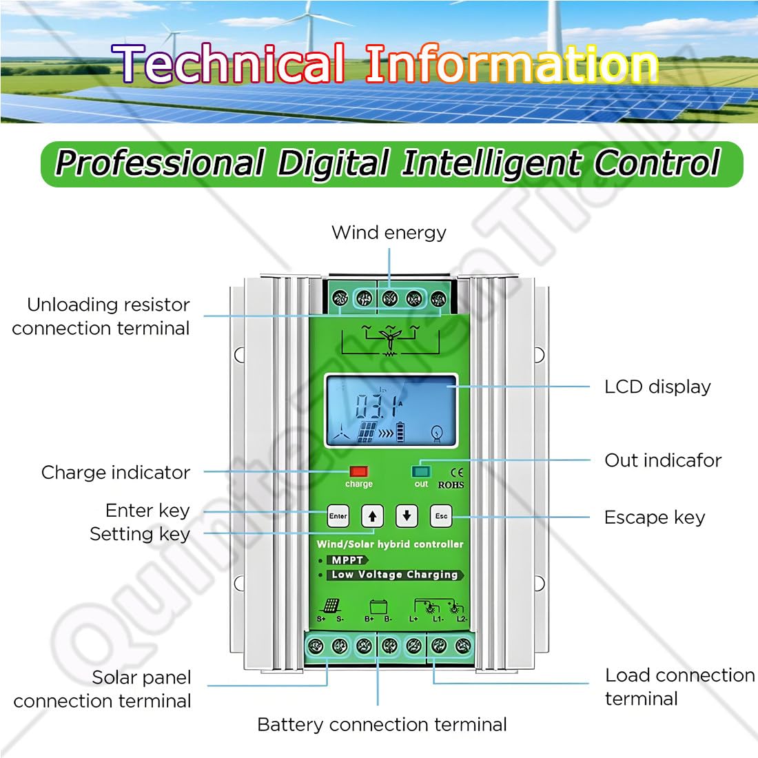 off Grid Mppt Wind Solar Hybrid Controller,Regolatore Carica Ibrido Solare Eolico App WiFi Mobile,umidità 10%~90% (Senza Condensa),Classe Protezione Ip30,per Eolico Pannelli 6000W