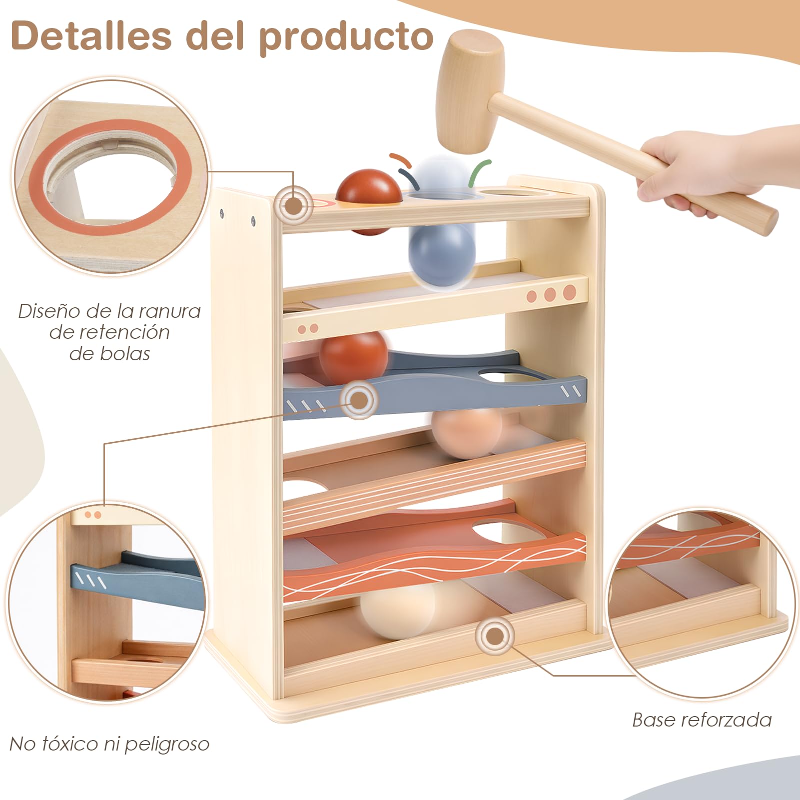 Vanplay Circuito de bolas de madera juguete Montessori desde 1 año, Juego de martillo con 4 bolas y martillo de madera, Sin montaje, Regalo para niños y niñas de 1‑4 años