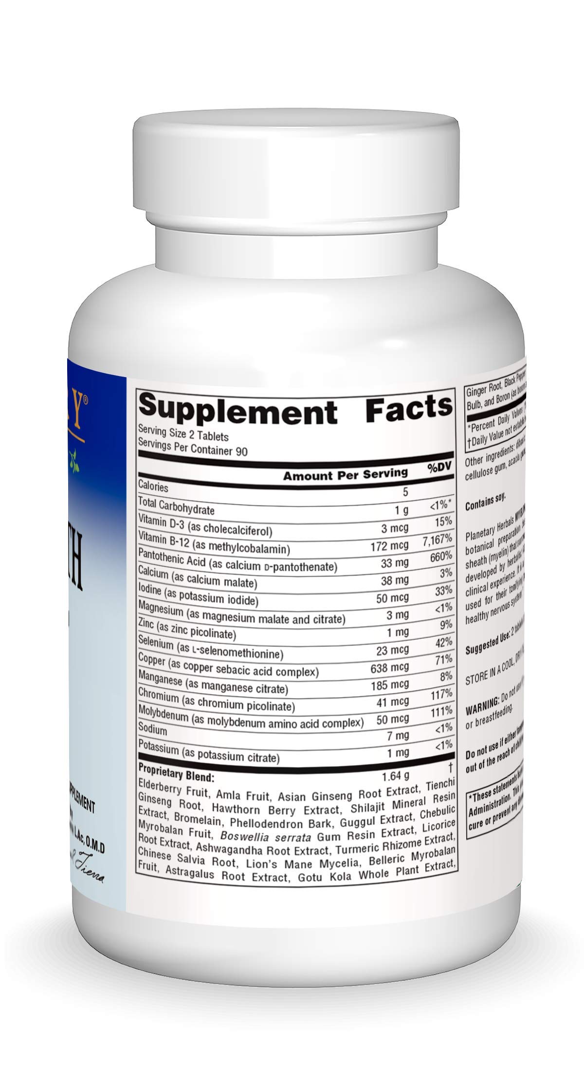 Planetary Herbals Myelin Sheath Support 820 mg, Herbal-Nutrient Nervous System Support, 180 Tablets