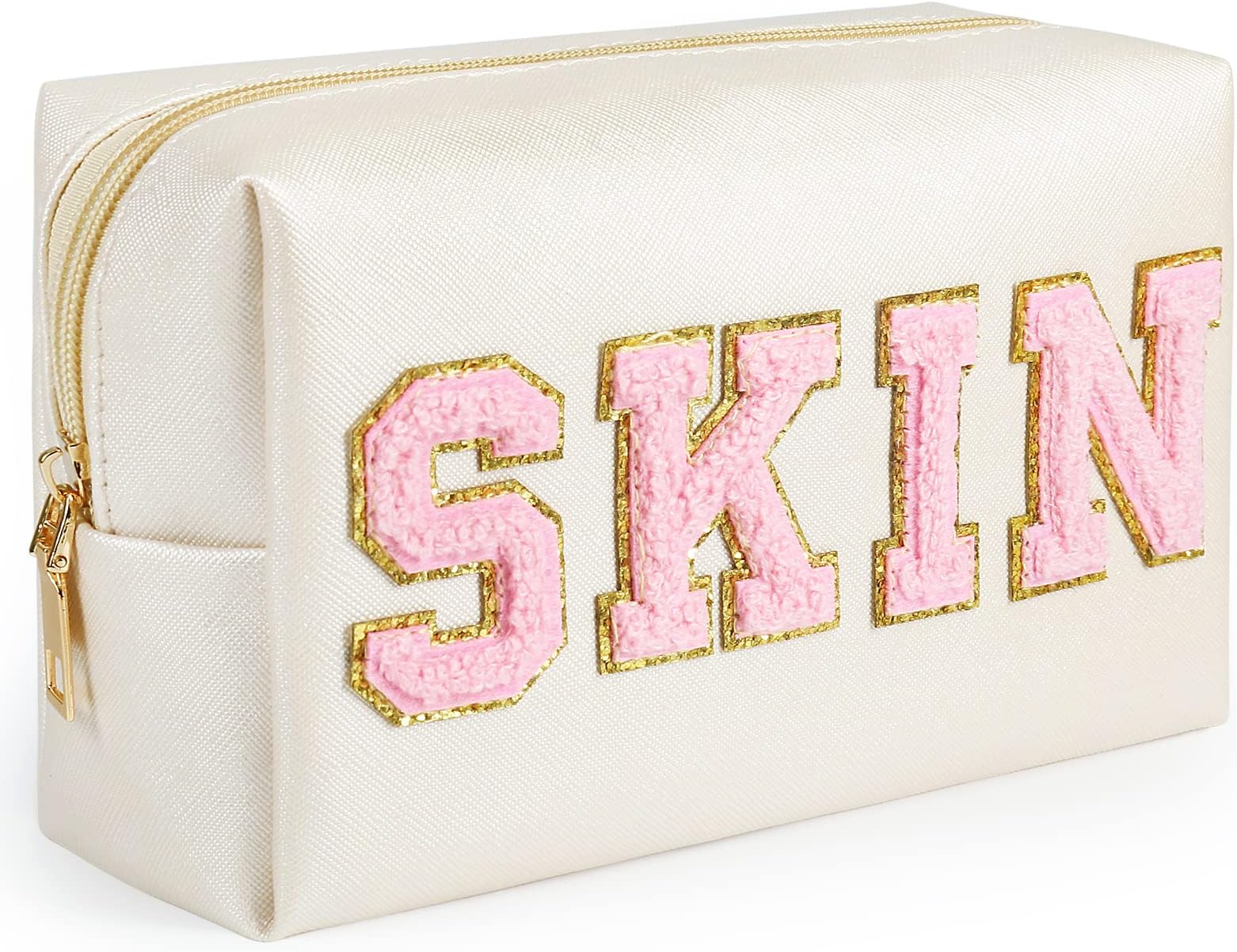 Preppy Makeup Bag, Synthetic Leather Patch Cosmetic Bag with SKIN Chenille Letter for Travel, Gift for Girlfriend or Wife, Present for Girls, Daughter, Sister and Mother