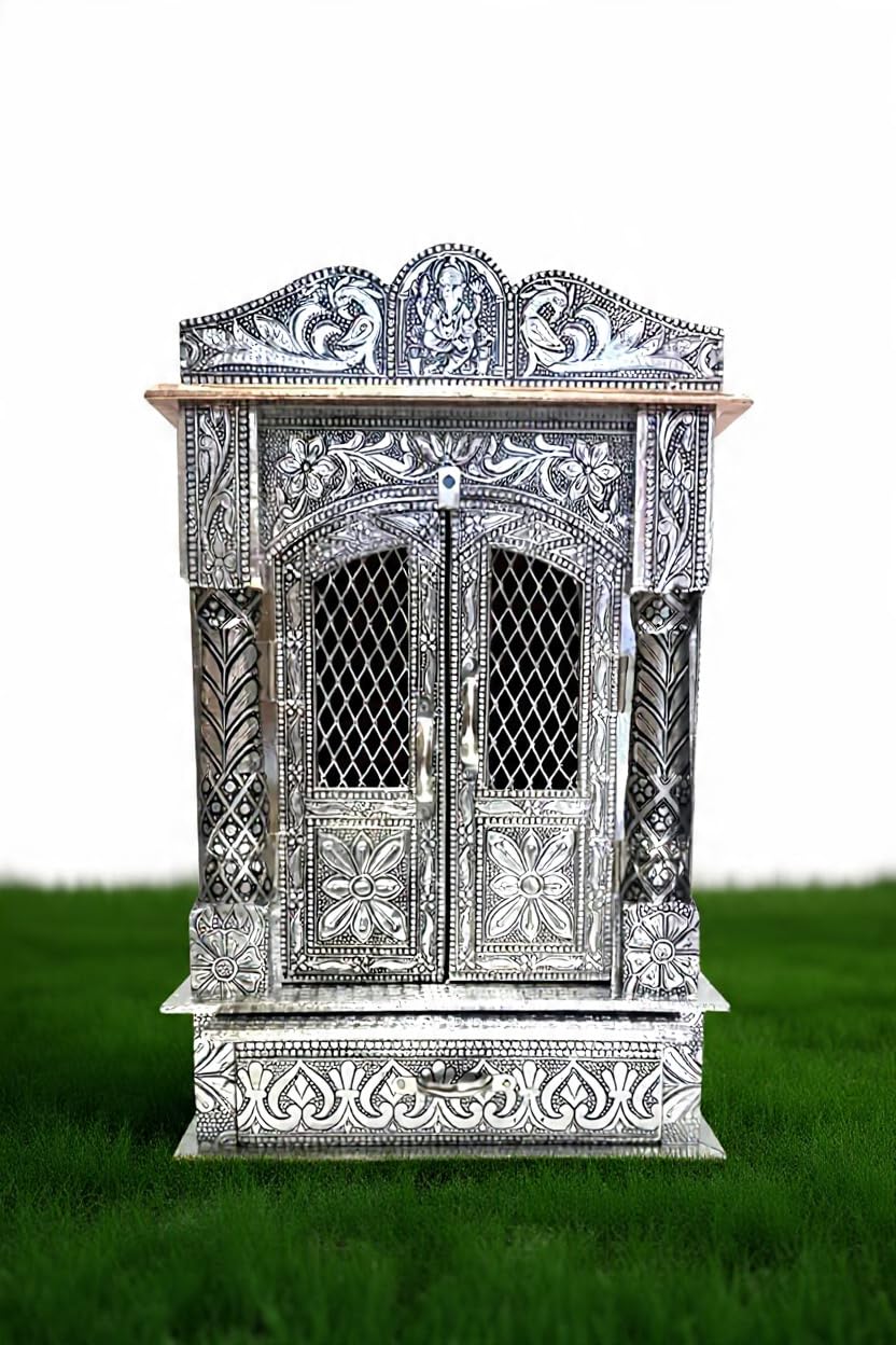 Small Size Pooja Mandir for Home, Home Temple, Handcrafted German Oxidized Mandir with Aluminium and Copper Plating, Temple for Home- Silver (L10*D6) INCHES-image-42
