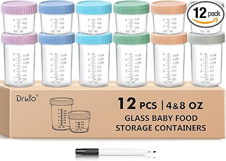 DRKIO 12 Pack Glass Baby Food Storage Containers - 4 & 8 oz Baby Food Jars with Lids Baby Food Maker Microwave Dishwasher Freezer Safe 100% Leak Proof BPA Free Reusable