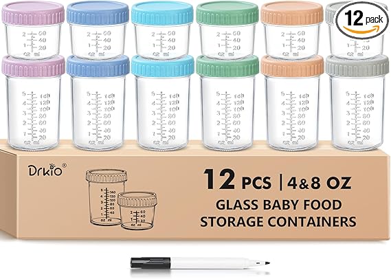 DRKIO 12 Pack Glass Baby Food Storage Containers - 4 & 8 oz Baby Food Jars with Lids Baby Food Maker Microwave Dishwasher Freezer Safe 100% Leak Proof BPA Free Reusable