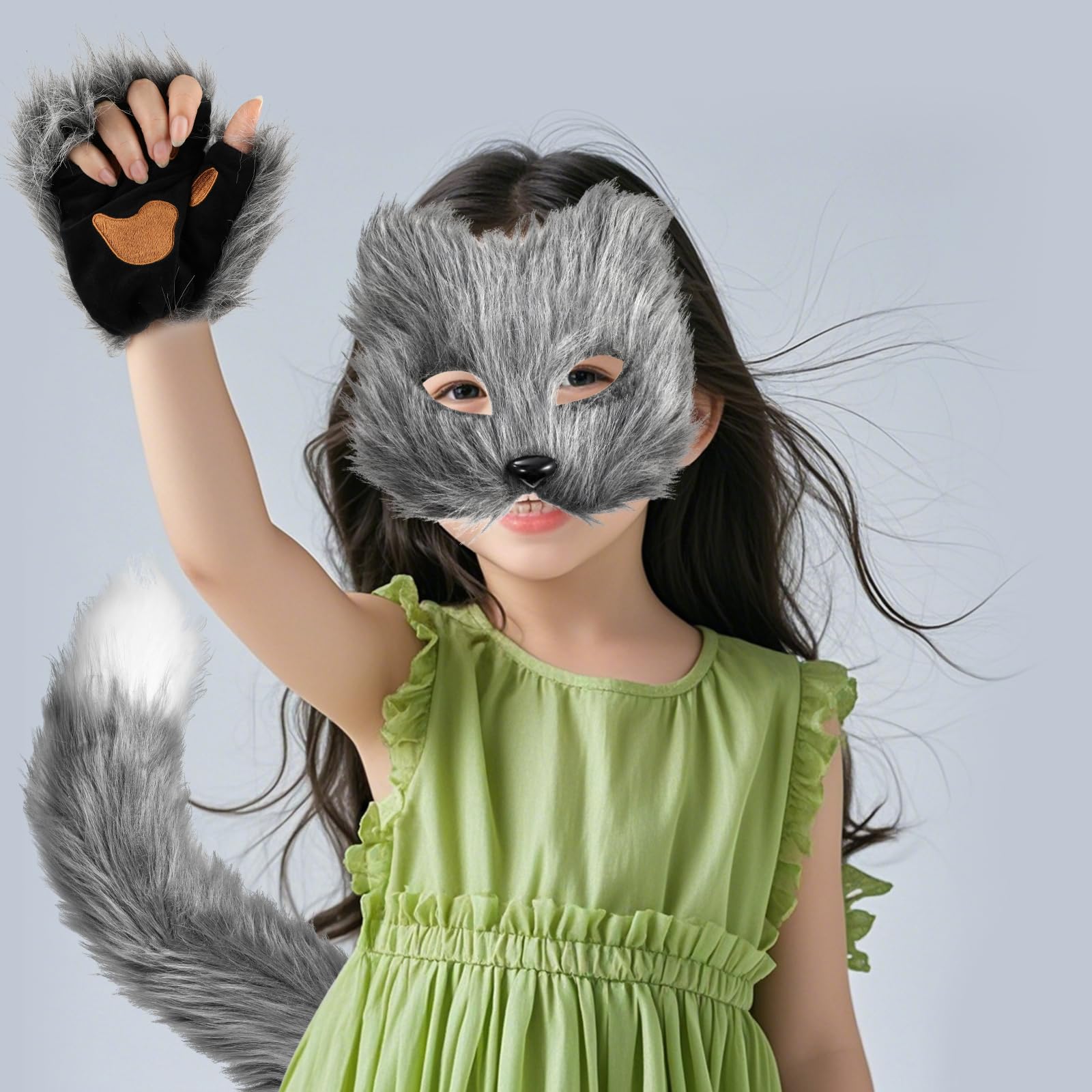 XEPST Animale Fox Costume Set con Therian Mask and Tail, Maschera e Coda da Volpe Therian Set di Accessori per Halloween Cosplay Costume Fancy Dress Carnevale,Grigio