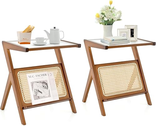 GOFLAME Juego de 2 mesas auxiliares de ratán, mesa auxiliar en forma de Z con parte superior de vidrio templado, revistero, mesita de noche bohemia, disponible en Yaxa El Salvador