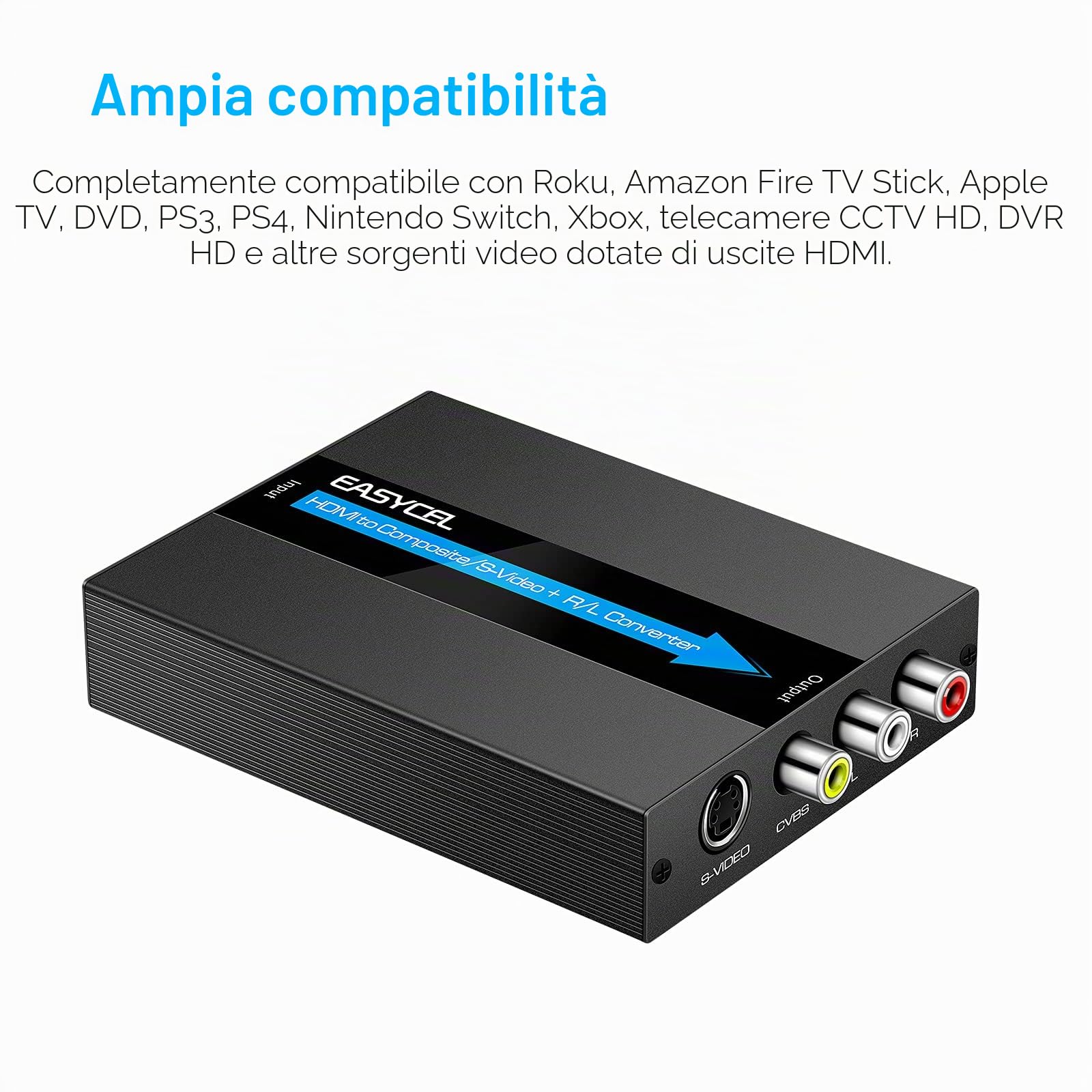 Convertitore HDMI a S-video e RCA Con Cavi, Adattatore AV CVBS Composito, Ingresso HDMI Uscita RCA + S-video (Alluminio)